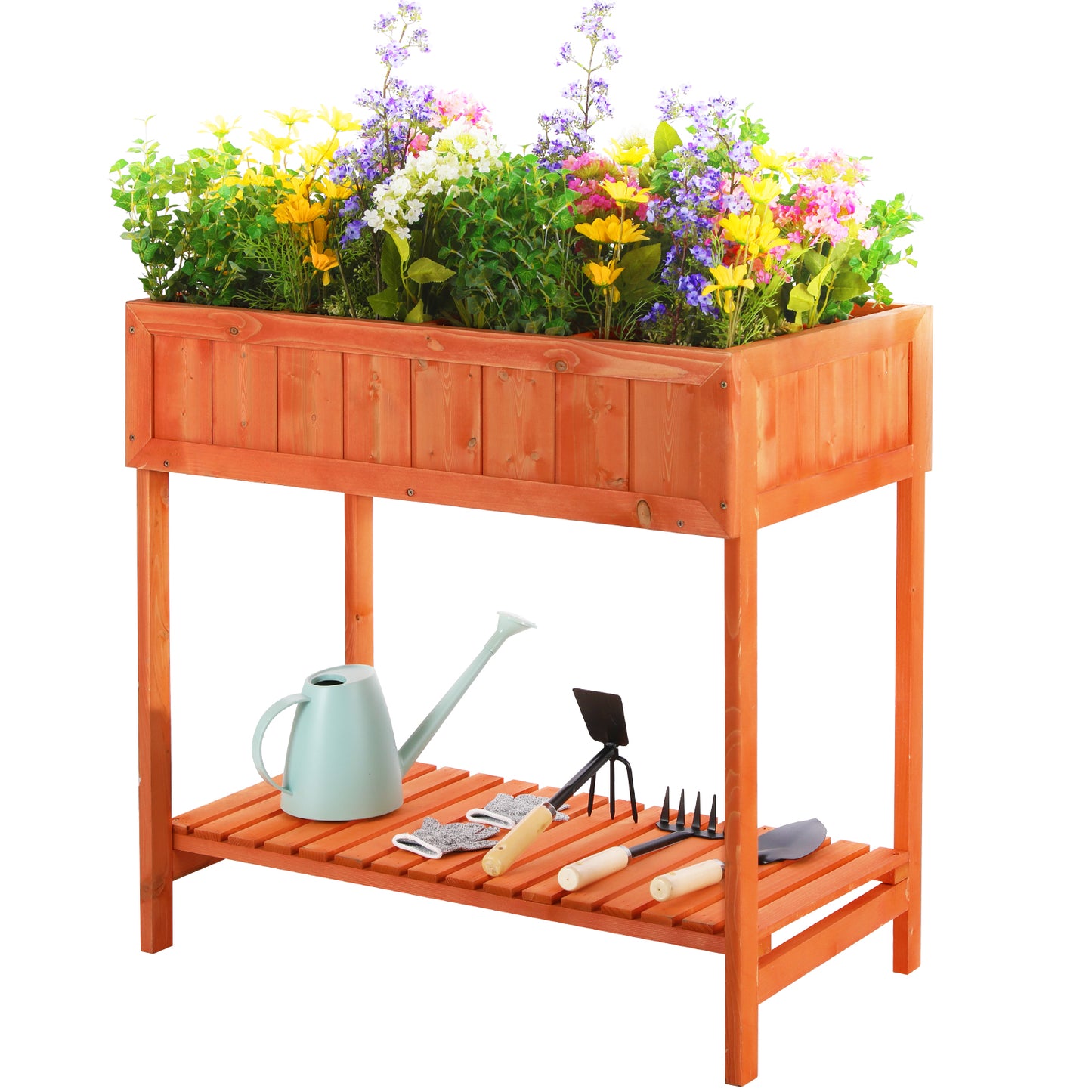 Arlopu Outdoor Raised Garden Bed, Elevated Wood Planter Box Stand with Storage Shelf