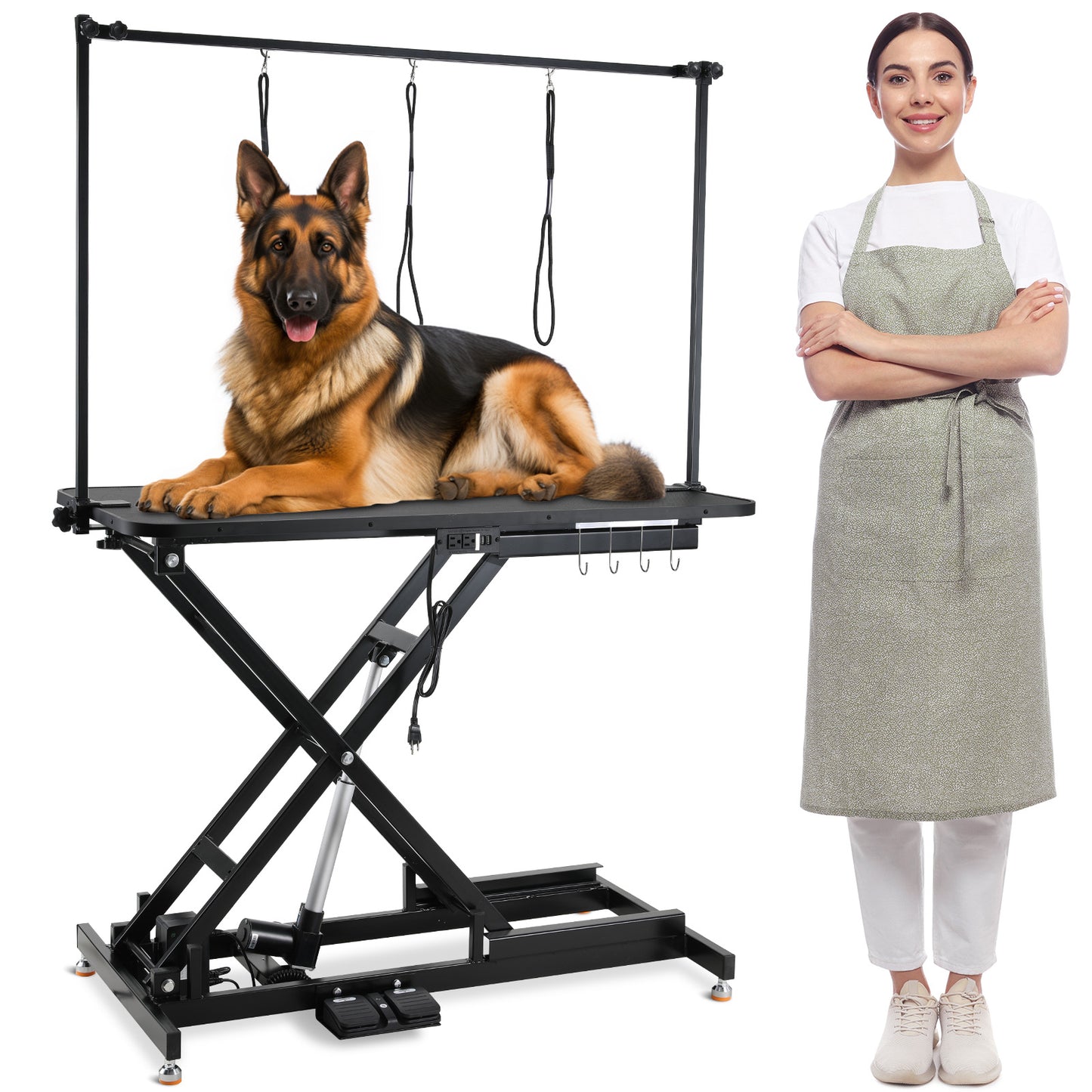 Arlopu 49.2” Electric Dog Grooming Table, Professional Heavy Duty Pet Hydraulic Grooming Table w/Overhead Arm, 3 Noose & Multi-hole Socket, Height Adjustable Grooming Station For Large Dogs