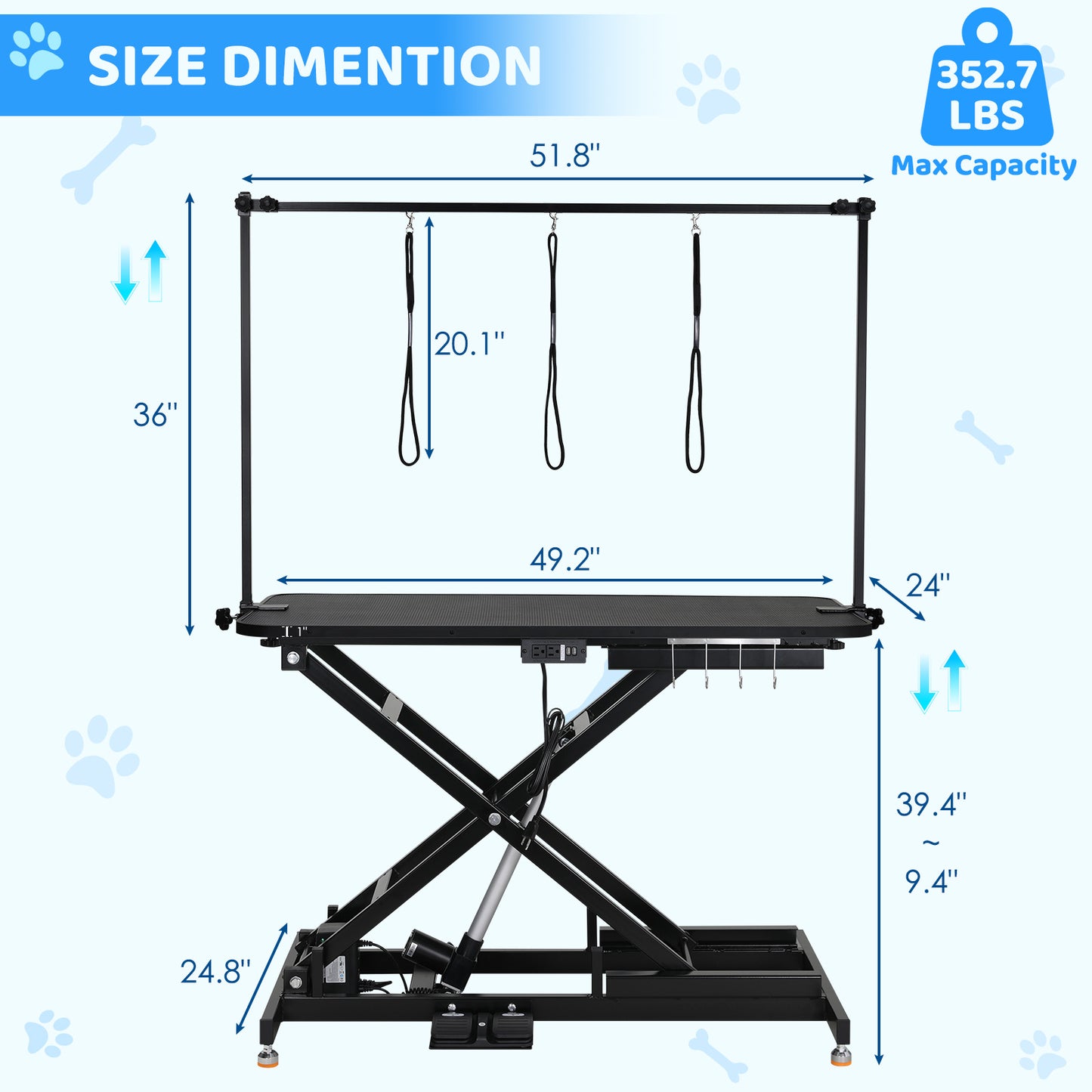 Arlopu 49.2” Electric Dog Grooming Table, Professional Heavy Duty Pet Hydraulic Grooming Table w/Overhead Arm, 3 Noose & Multi-hole Socket, Height Adjustable Grooming Station For Large Dogs