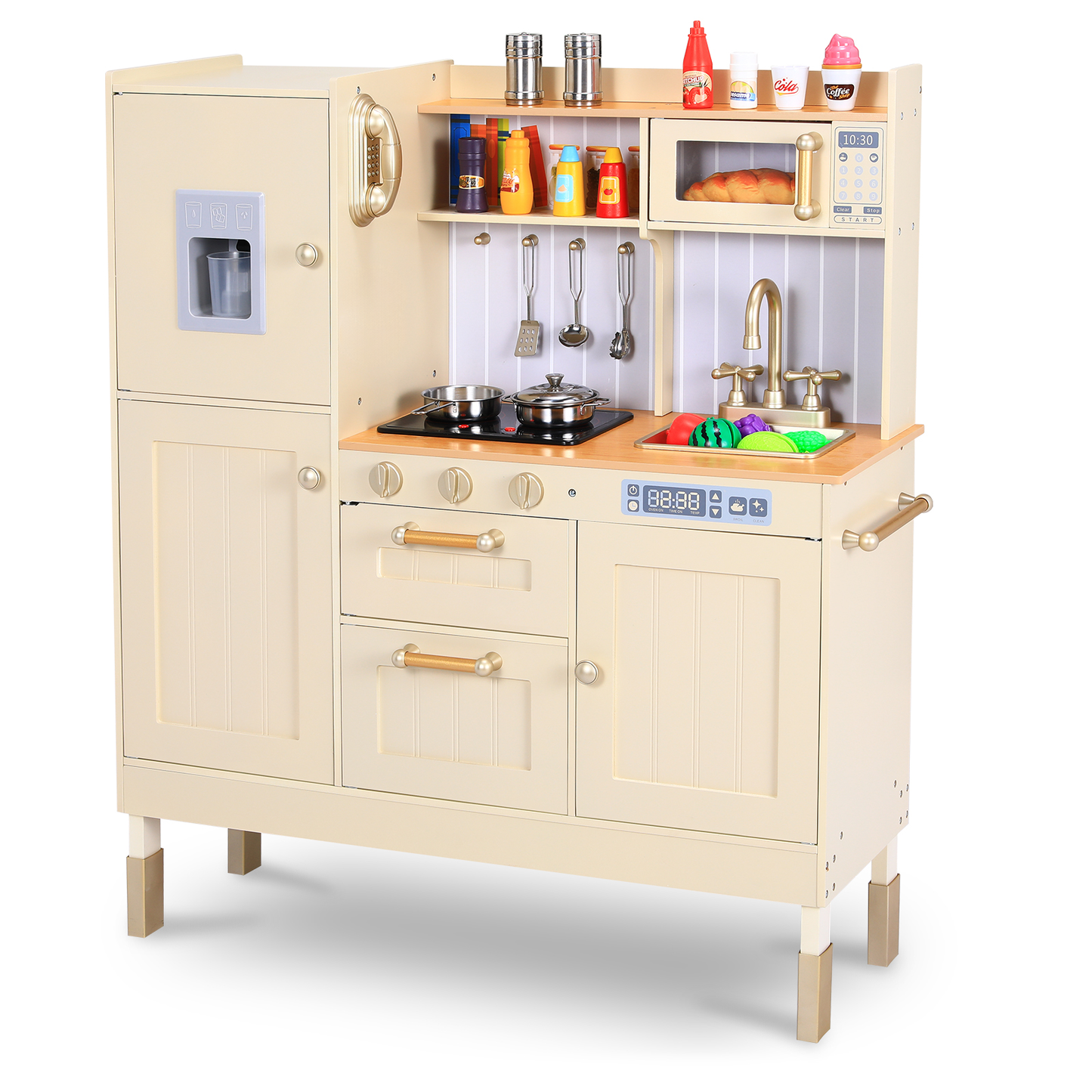 Arlopu Kids Play Kitchen, Wooden Pretend Kitchen Playset with Telephone, Utensils, Oven, Sink, Gift for Boys Girls Age 3-7