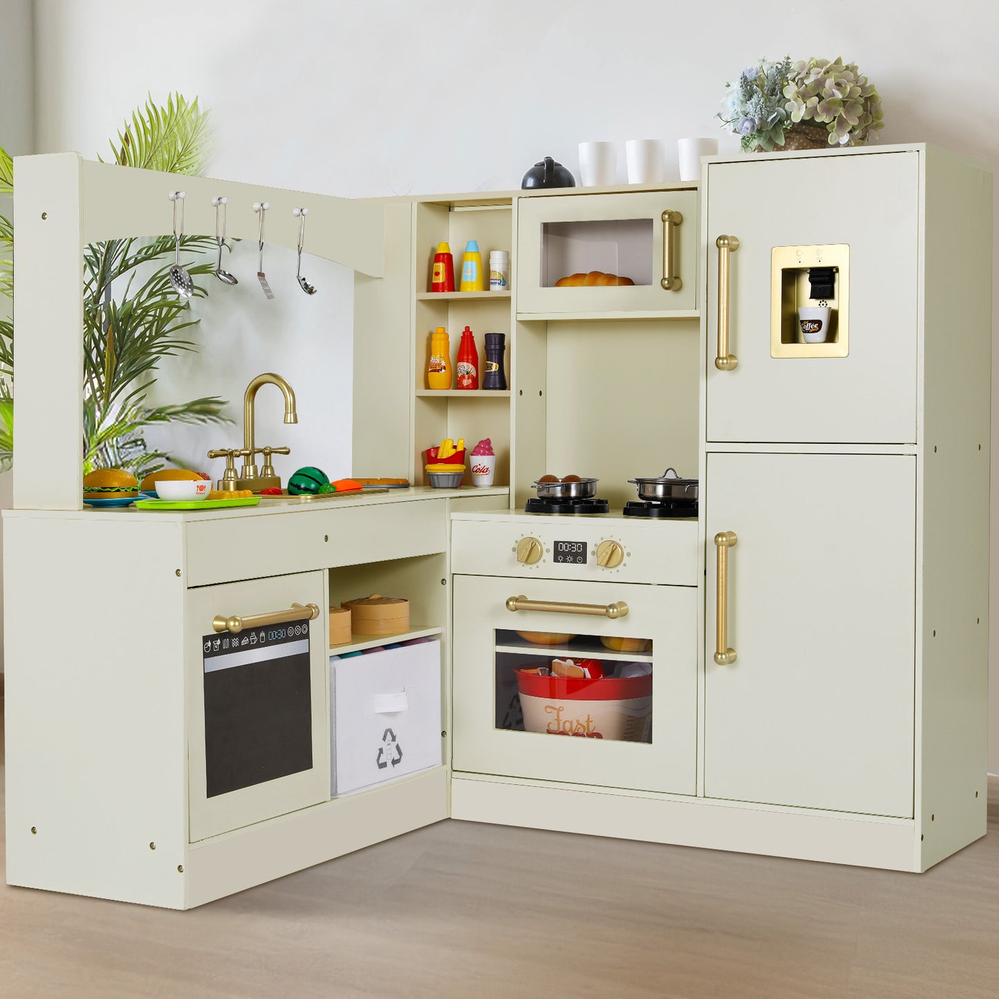 Arlopu Wooden Corner Play Kitchen for Kids, Toddler Pretend Kitchen Playset Children Cooking Interactive Toys for Age 3+