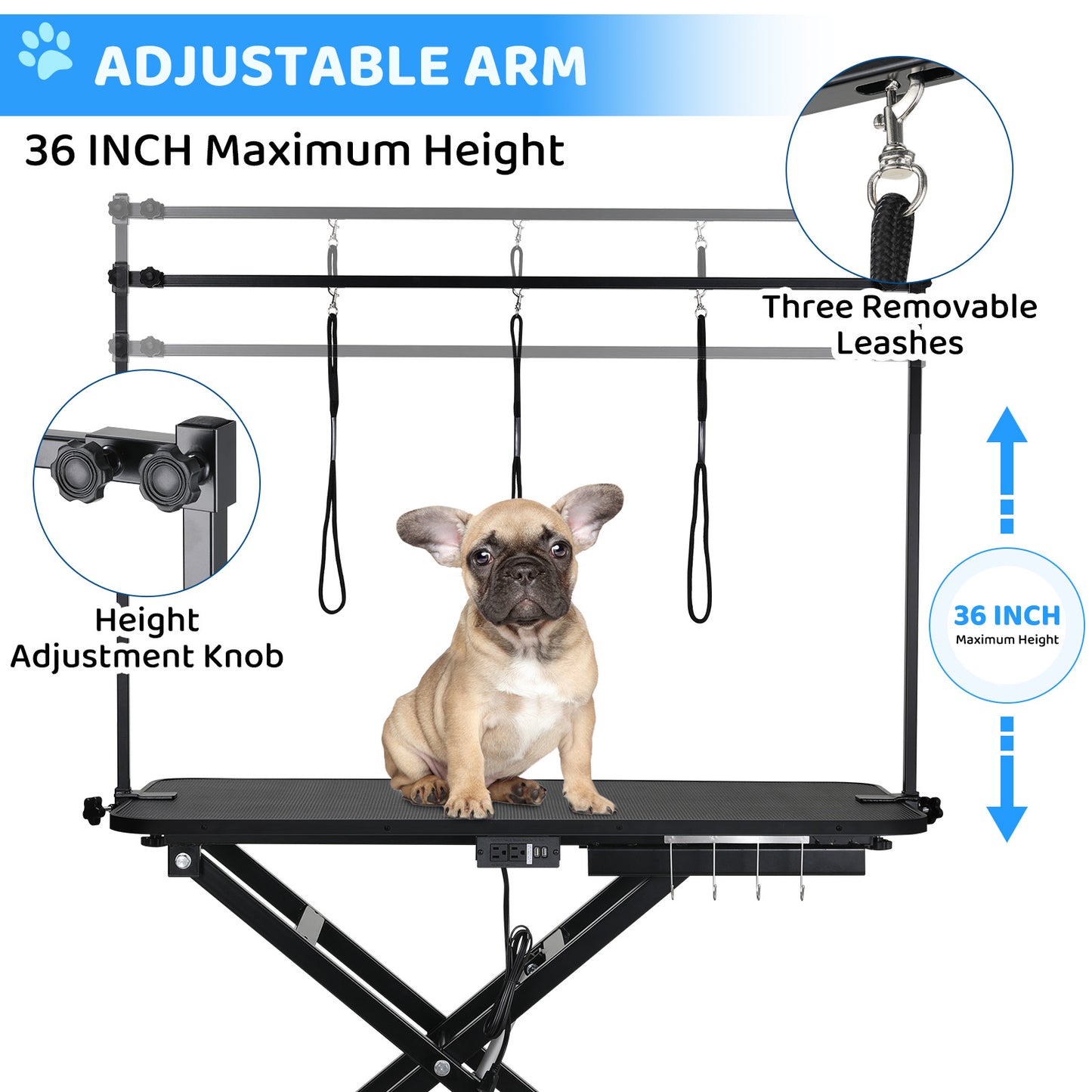 Arlopu 49.2” Electric Dog Grooming Table, Professional Heavy Duty Pet Hydraulic Grooming Table w/Overhead Arm, 3 Noose & Multi-hole Socket, Height Adjustable Grooming Station For Large Dogs