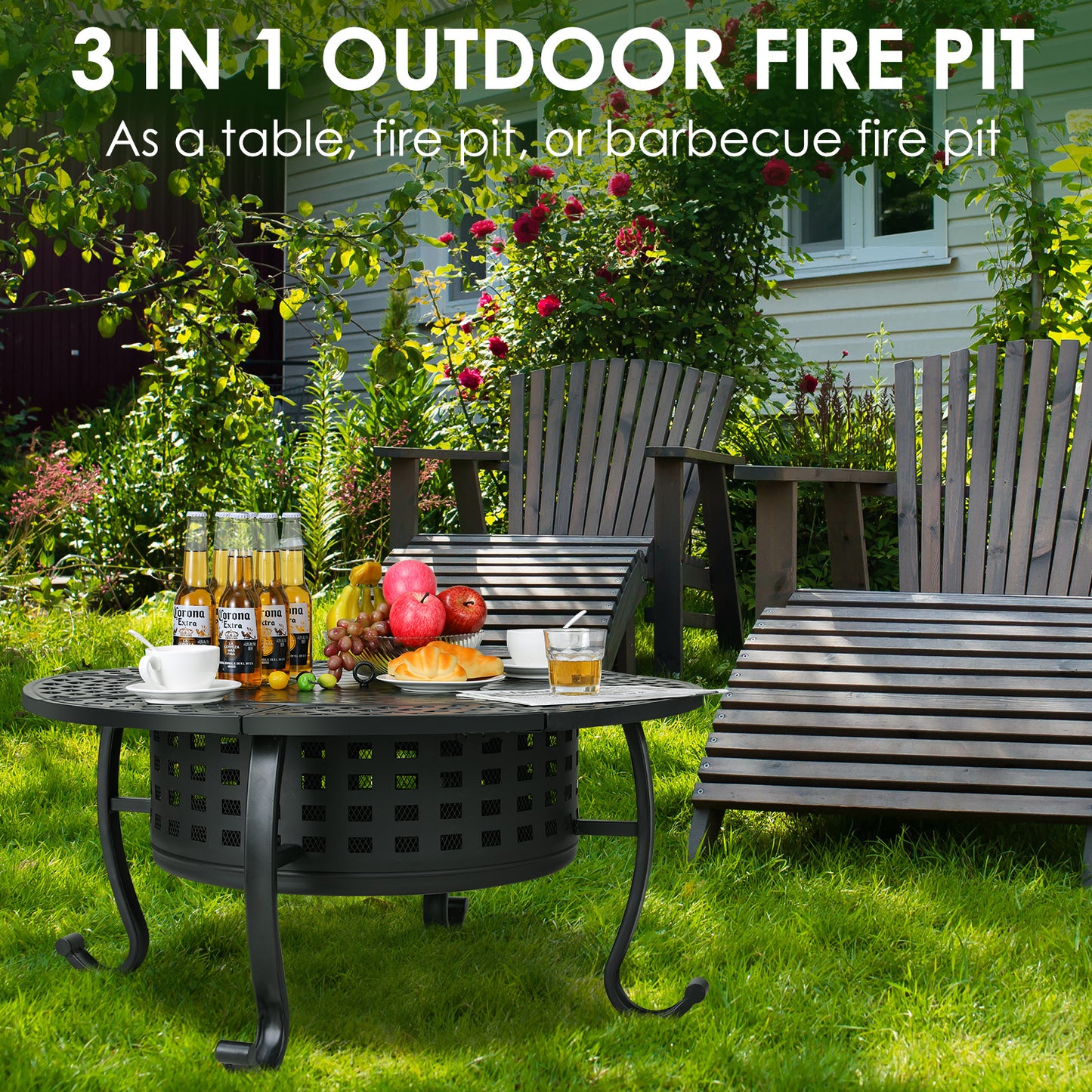 Arlopu 37" Outdoor Fire Pit, 3 in 1 Wood Burning Fire Pit with Lid and Fire Poker