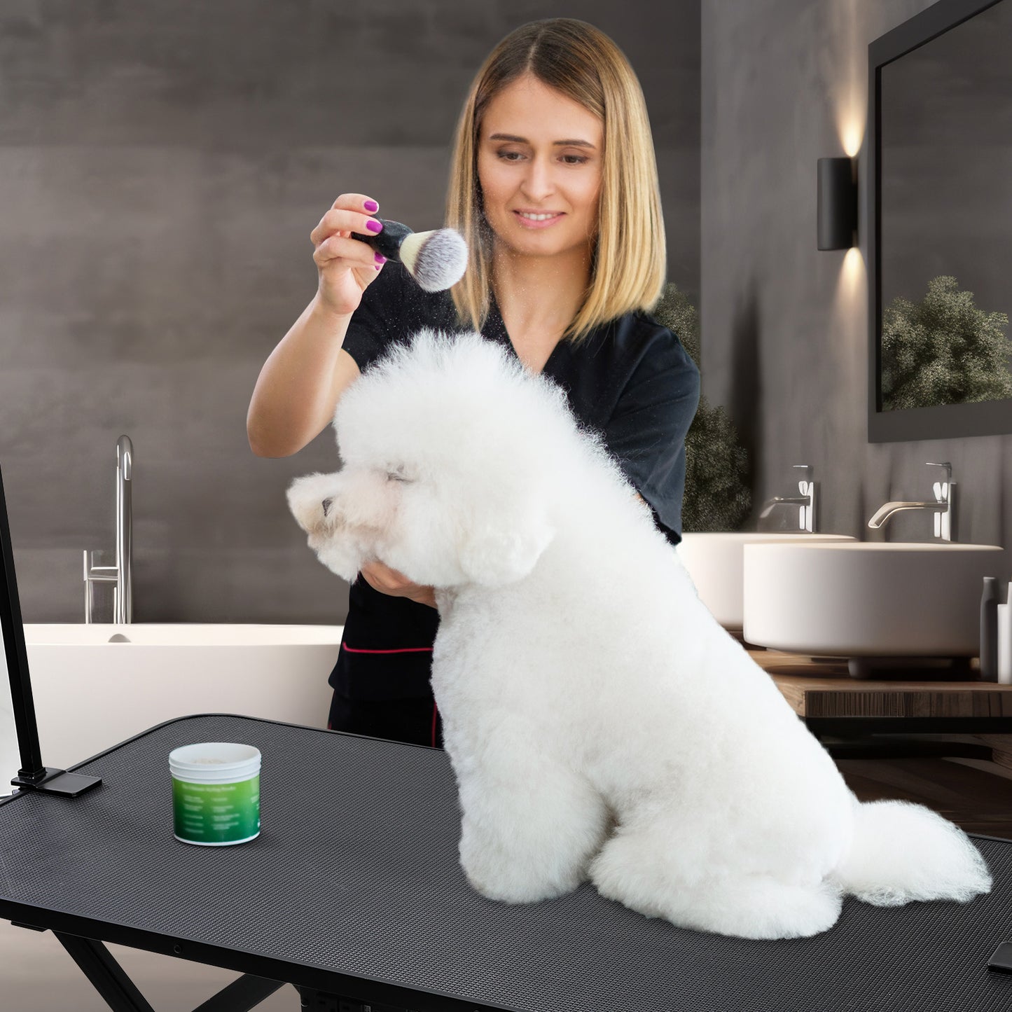 Arlopu 49.2” Electric Dog Grooming Table, Professional Heavy Duty Pet Hydraulic Grooming Table w/Overhead Arm, 3 Noose & Multi-hole Socket, Height Adjustable Grooming Station For Large Dogs