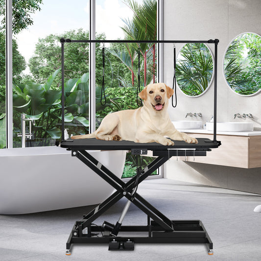 Arlopu 49.2” Electric Dog Grooming Table, Professional Heavy Duty Pet Hydraulic Grooming Table w/Overhead Arm, 3 Noose & Multi-hole Socket, Height Adjustable Grooming Station For Large Dogs