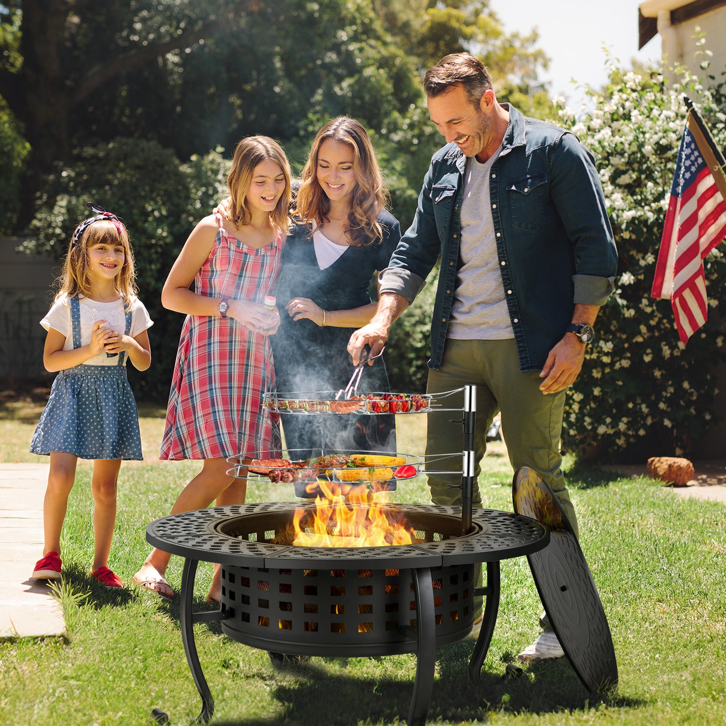 Arlopu 37" Outdoor Fire Pit, 3 in 1 Wood Burning Fire Pit with Lid and Fire Poker