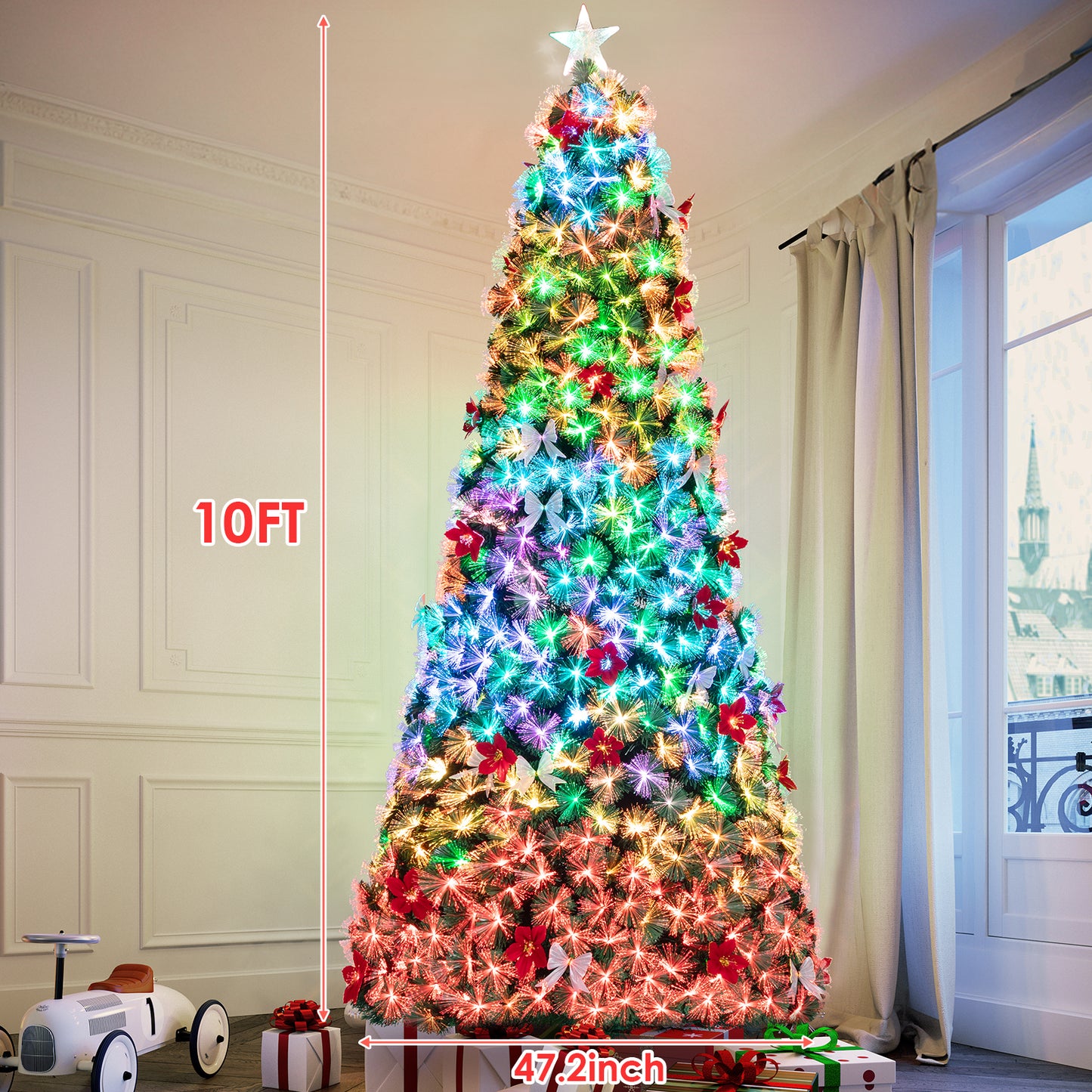 Arlopu Pre-Lit Optical Fiber Christmas Tree, 8/9/10FT Artificial Christmas Tree with Top Star, Fake Xmas Tree