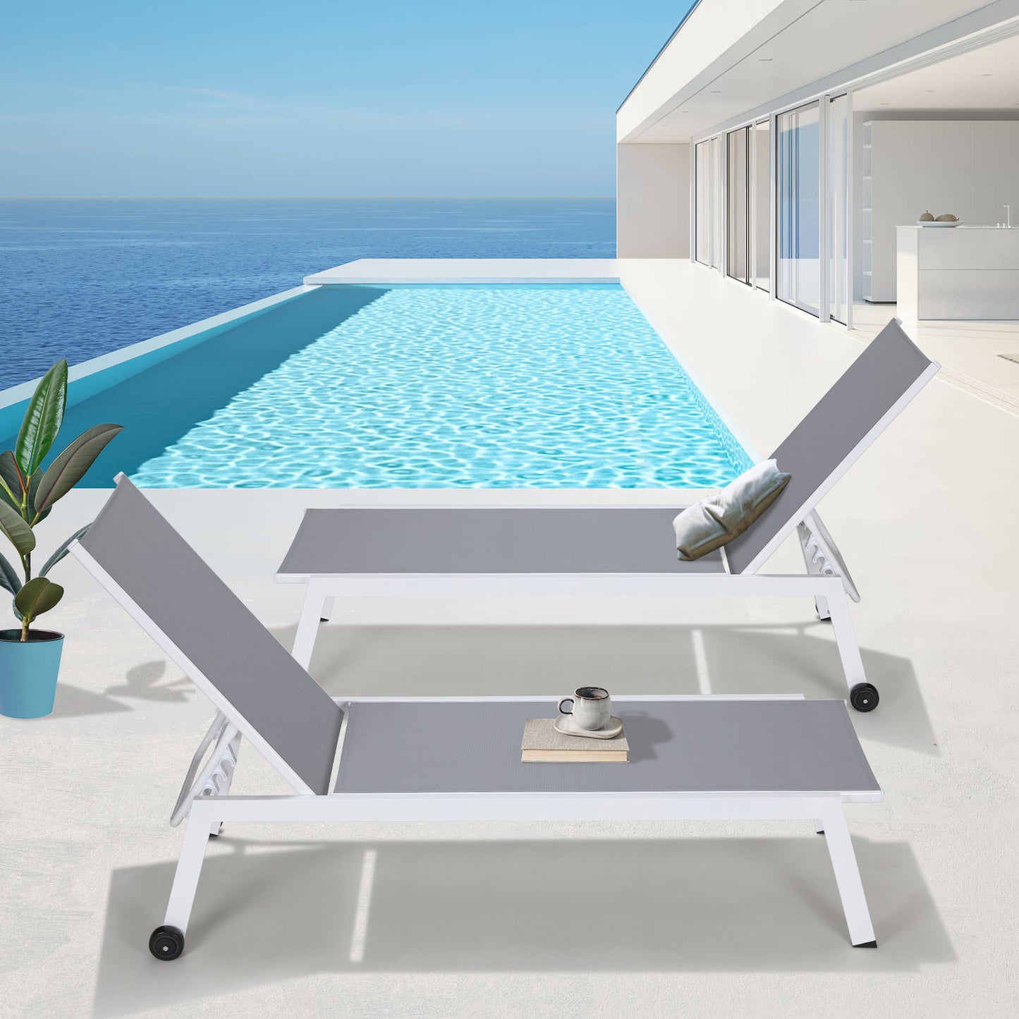Arlopu Patio Chaise Lounge Chair with Wheels All-Weather Pool Lounger of 2 Beach Sunbathing Pool lounger
