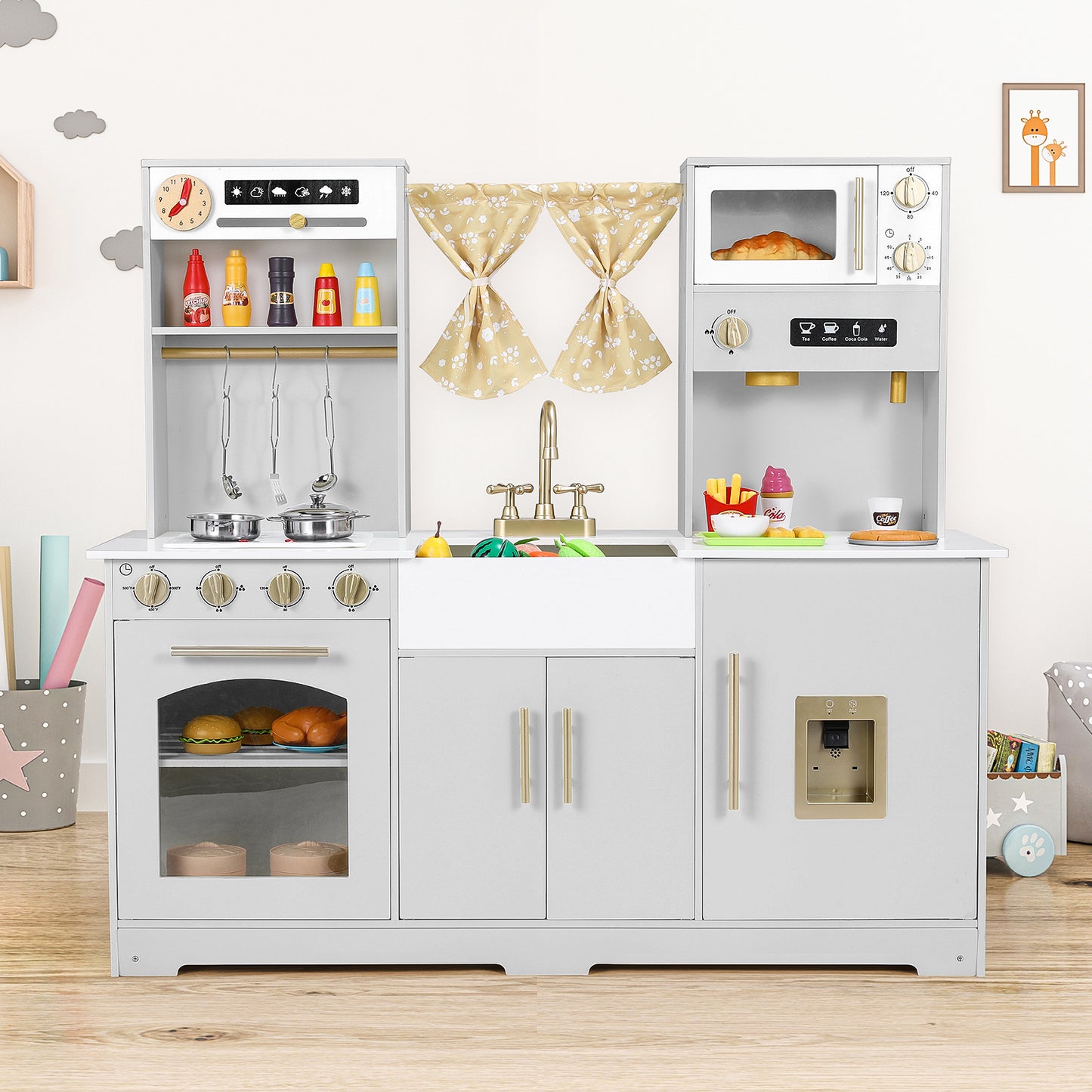 Arlopu Wooden Kids Play Kitchen, Toddler Pretend Toy Kitchen Playset with Stove, Water Dispenser, Sink, Home Style Toy Gift for Children 3+