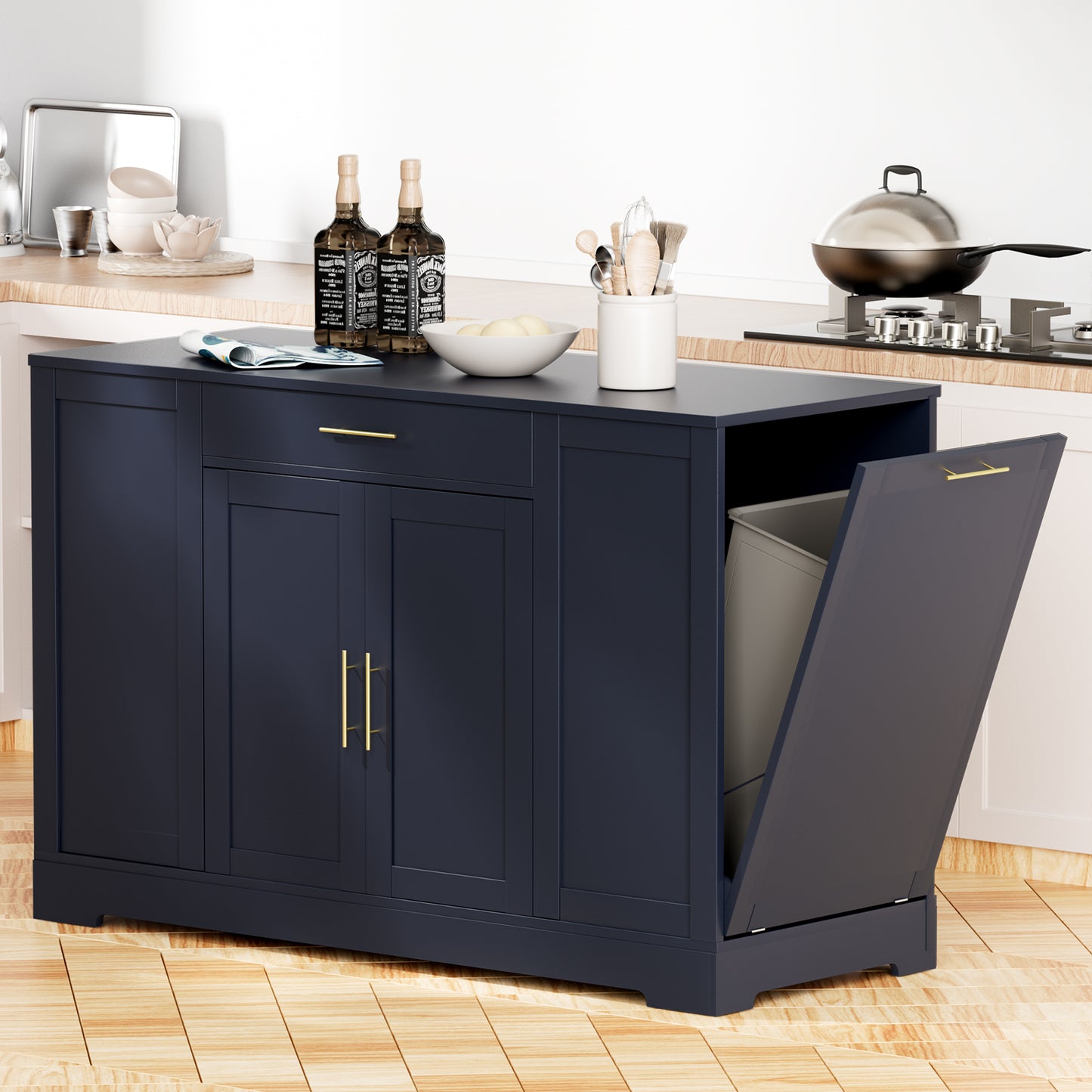 Arlopu 53inch Kitchen Island with Trash Can Storage Cabinet, Portable Kitchen Island with Open Side Shelves