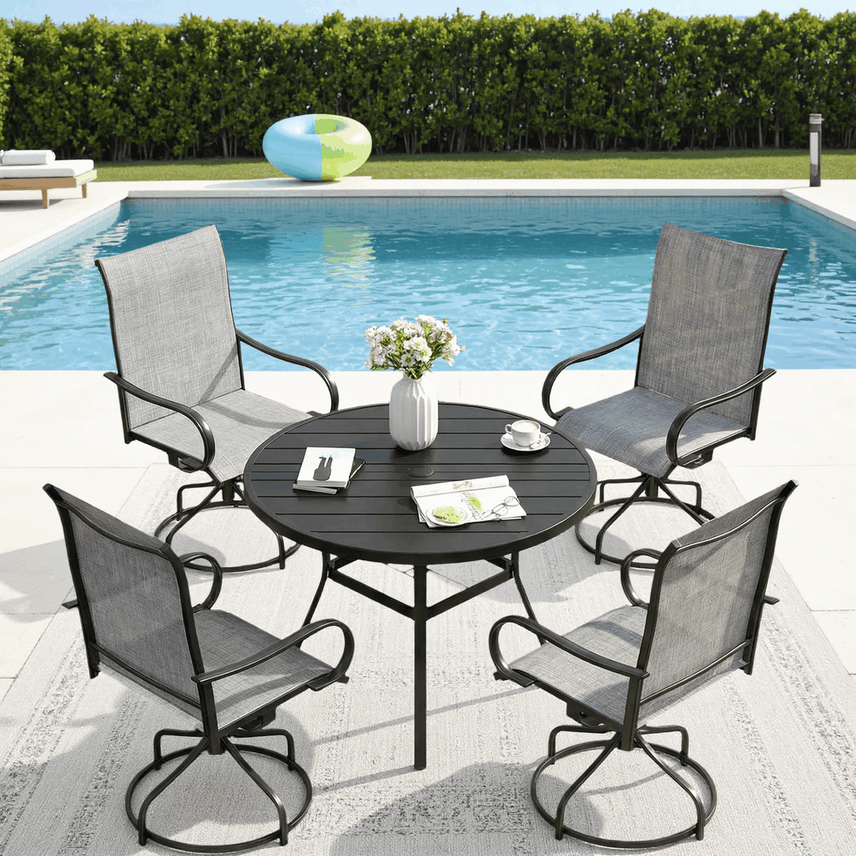 Arlopu 5-Piece Outdoor Patio Dining Set, Round Patio Table & 4 Textilene Swivel Chairs, Blue (Rocking not Included)