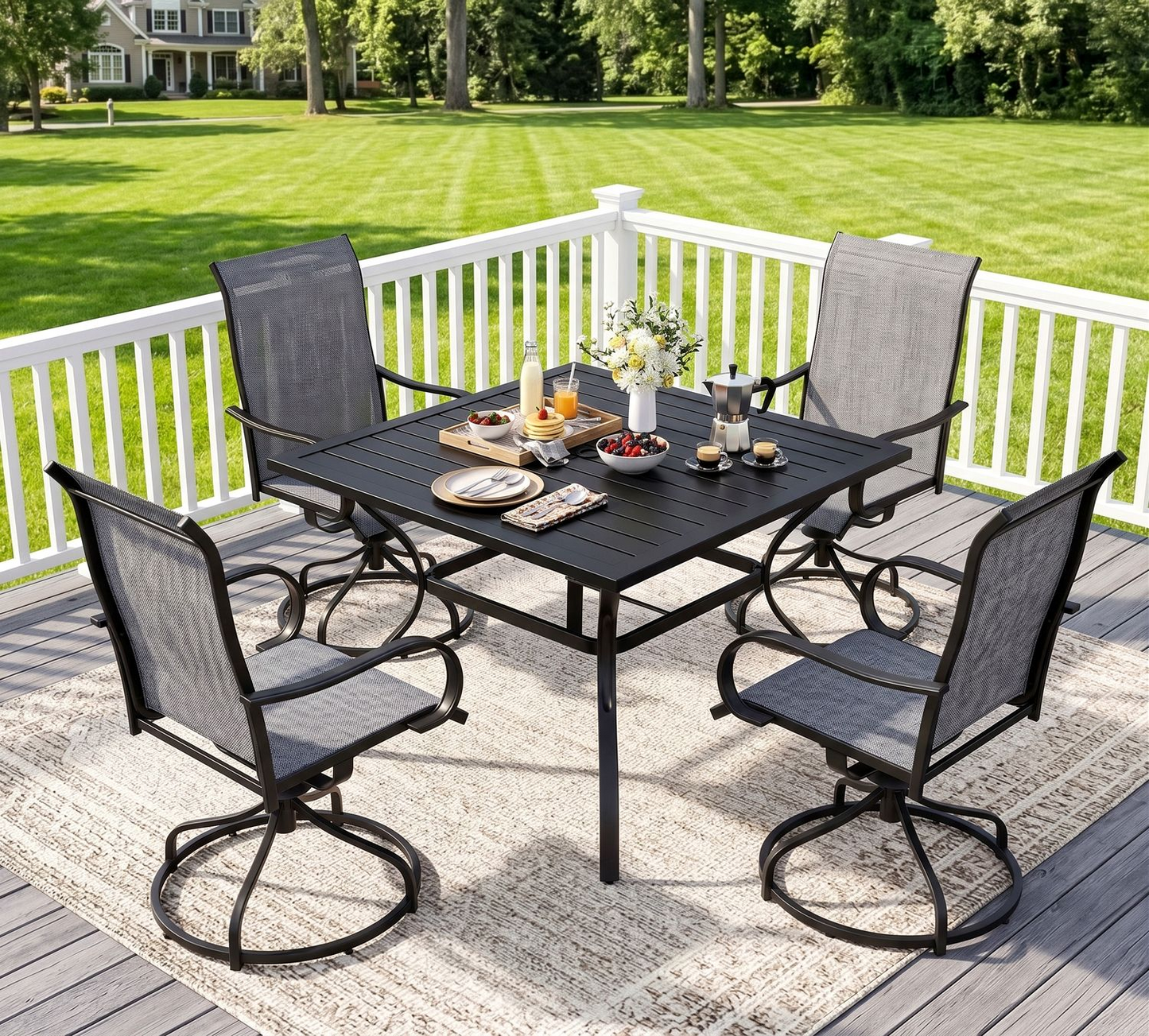 Arlopu 5-Piece Outdoor Patio Dining Set, Square Patio Table & 4 Textilene Swivel Chairs, Blue (Rocking not Included)