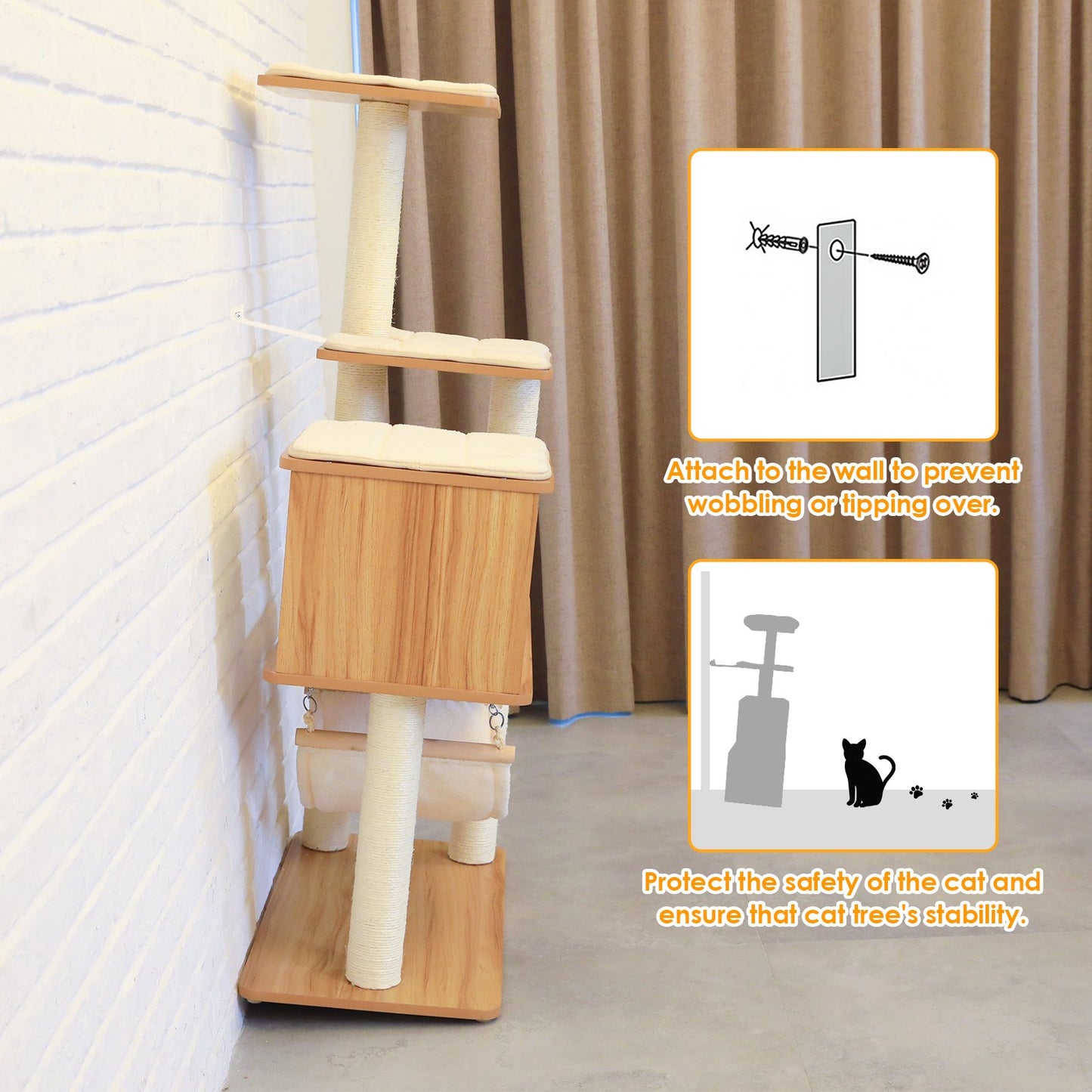 Arlopu 52" Wooden Cat Tree Tower, Cat Condo Climbing Tower with Hammock & Scratching Post