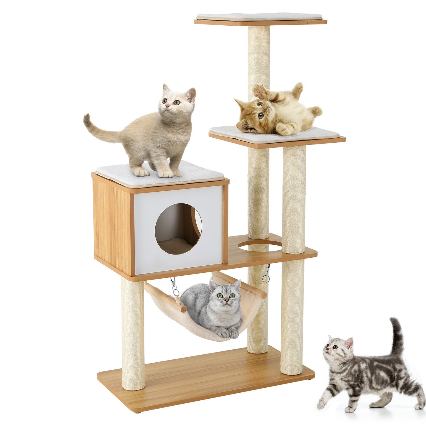 Arlopu 52" Wooden Cat Tree Tower, Cat Condo Climbing Tower with Hammock & Scratching Post