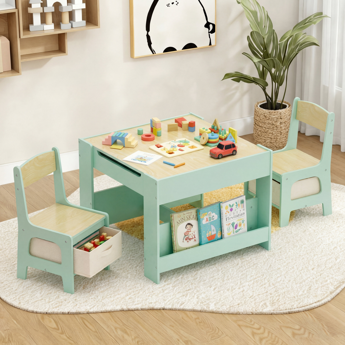 Arlopu Kids Table & 2 Chairs Set, 4 in 1 Toddler Wooden Activity Table with Storage Drawer, Blackboard, Reversible & Detachable Tabletop, Bookshelf for Drawing Learning