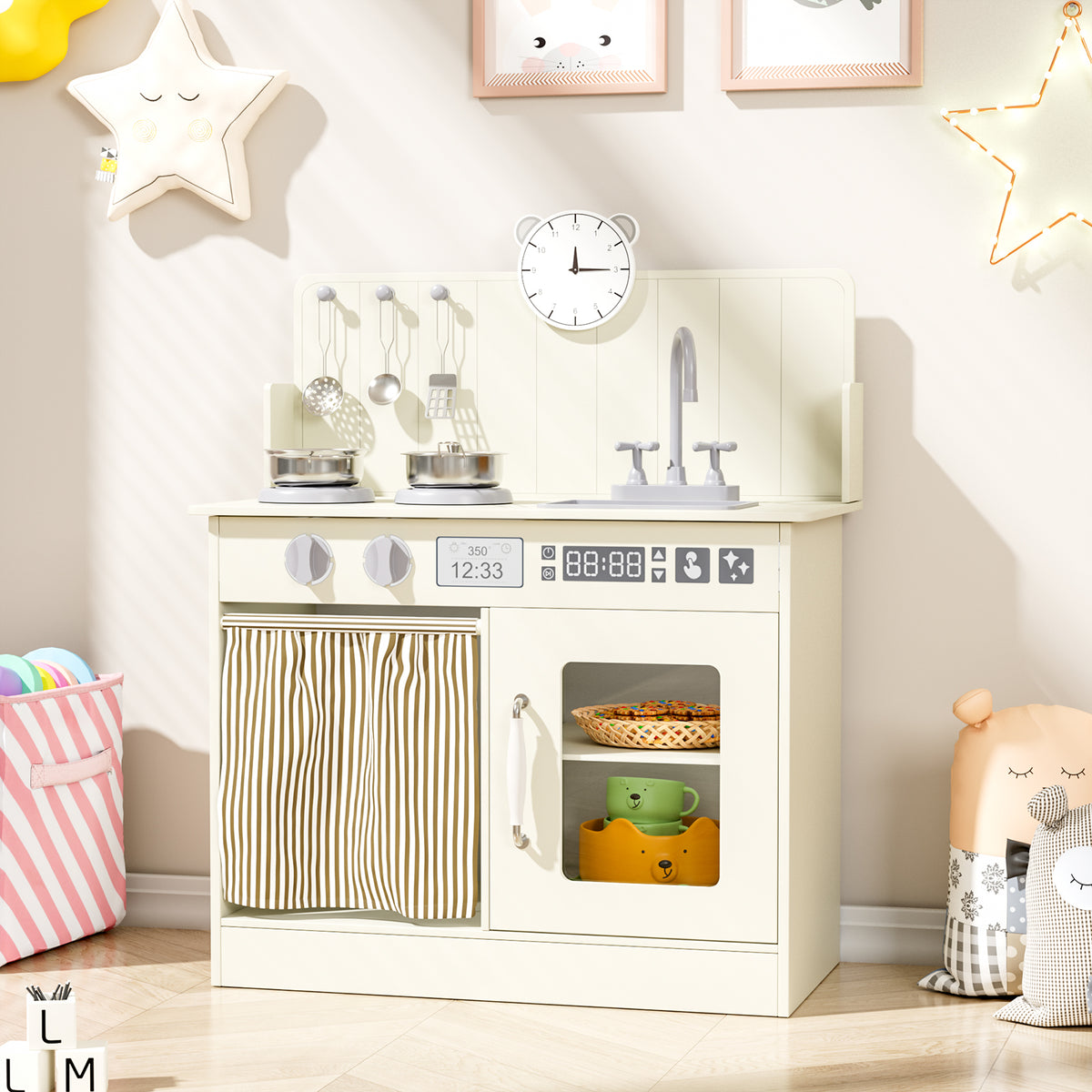 Arlopu Kids Pretend Play Kitchen Set, Wooden Kitchen Playset with Cookwares for Boys & Girls