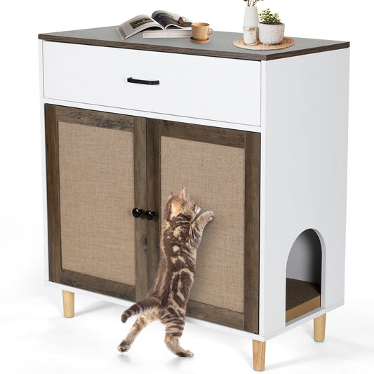Arlopu Cat Litter Box Enclosure, Wooden Hidden Litter Box Furniture w/Large Drawer, Indoor Cat Washroom Storage Bench w/2 Sisal Doors, Modern Cat Litter Cabinet