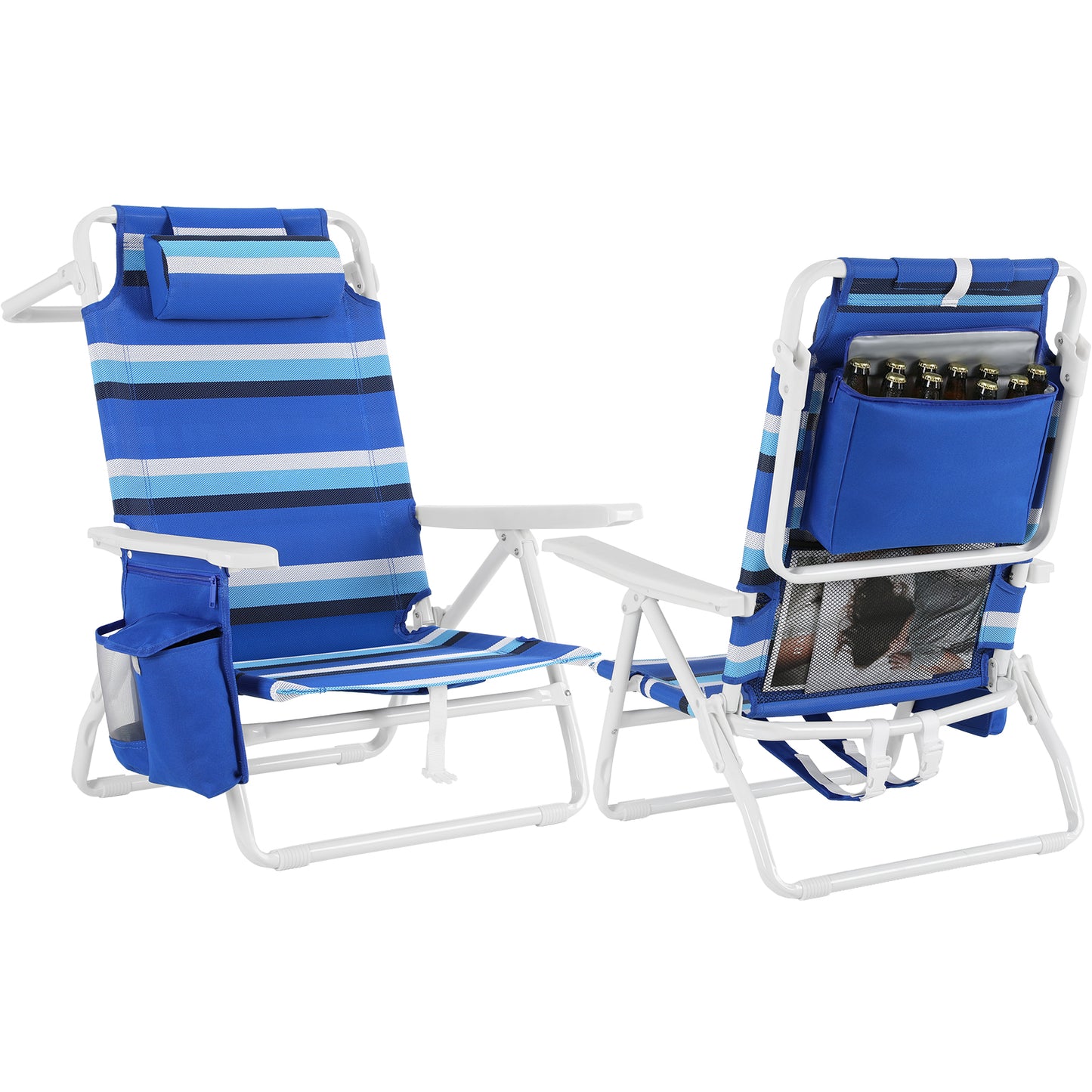 Arlopu 2pcs Folding Backpack Beach Chairs, 5-Position Protable Beach Chair, Low Profile Reclining Chair w/ Headrest, Cooler Pouch, Storage Bag, Towel Bar, Foot Mat