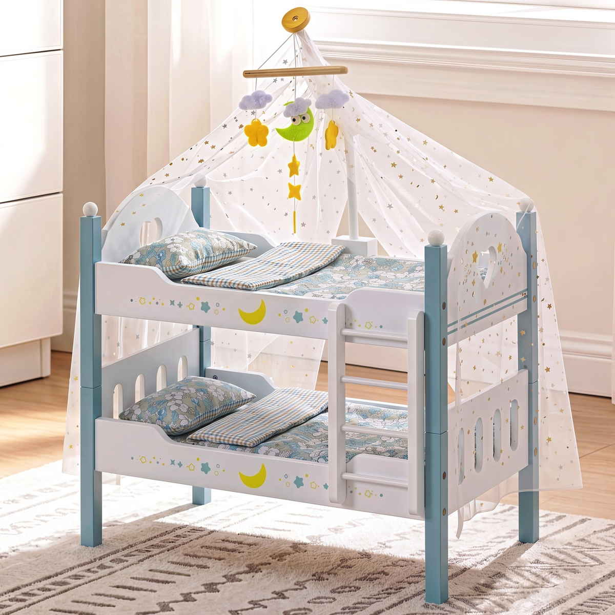 Arlopu Baby Doll Crib, Wooden Detachable Dolls Bunk Bed set with Tulle