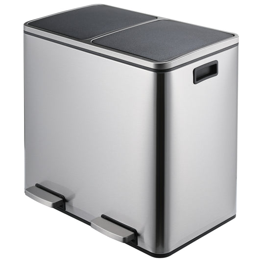 Arlopu 12 Gallon Dual Trash Can Step-on Classified Recycle Garbage Bin with Inner Buckets, Silver