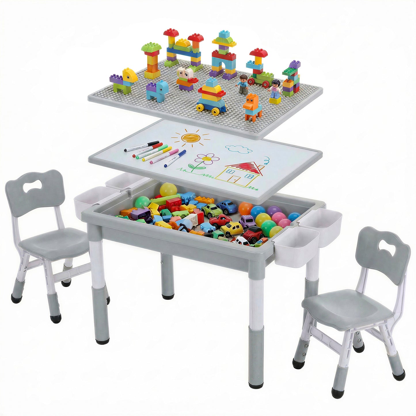 Arlopu Kids Table and 2 Chairs Set, Toddler Activity Table with Double-Sided Graffiti/Block Building Tabletop & 4 Drawers, Height Adjustable, Pink