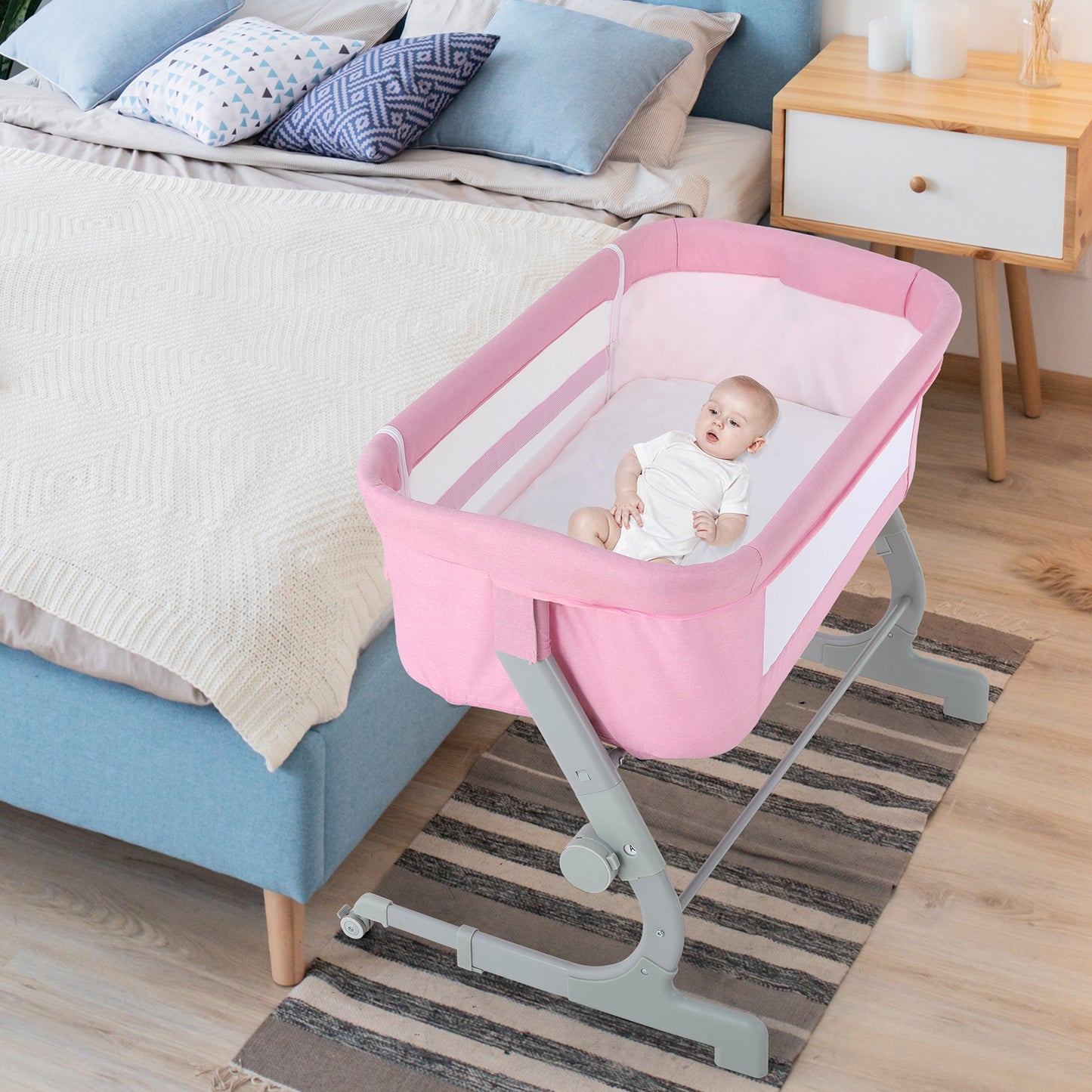 Arlopu Baby Bedside Sleeper, Bedside Bassinet for Babies, Pink Crib for 0-6 Months Infants, Newborn
