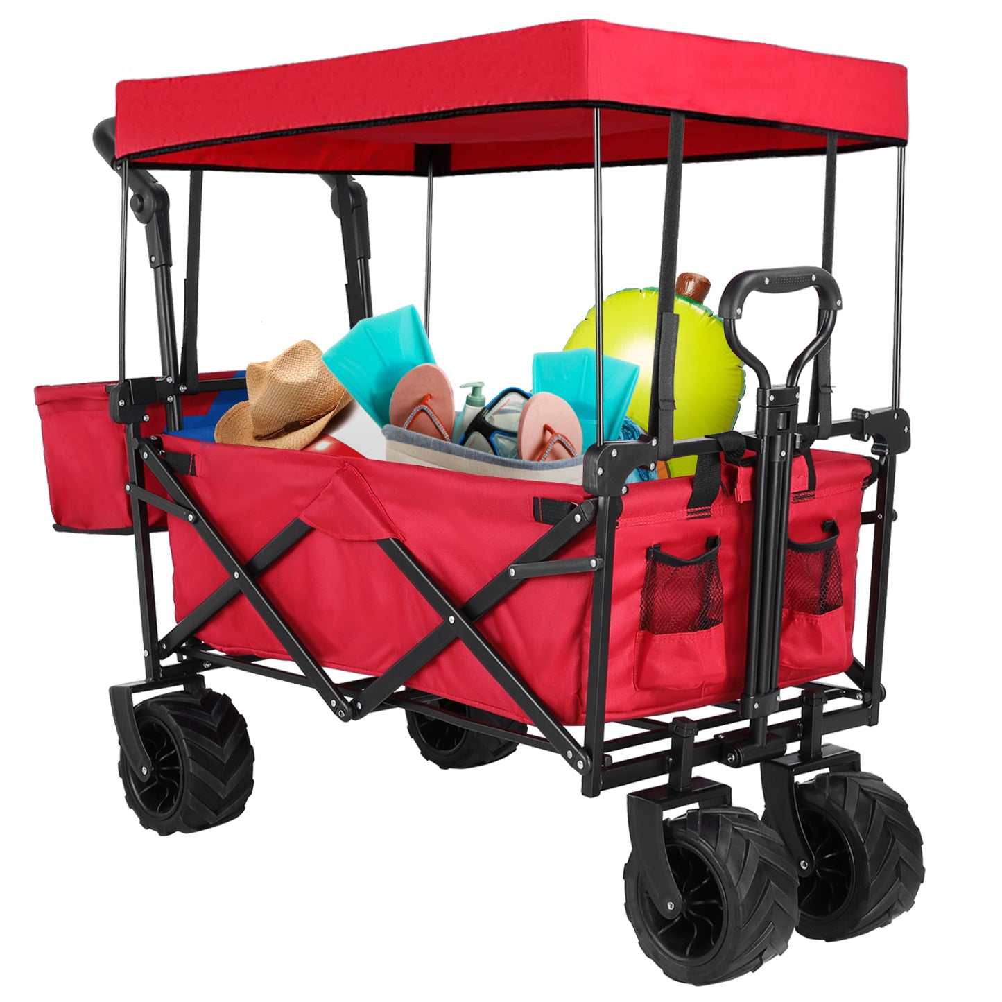 Arlopu Collapsible Wagon Folding Garden Cart W/ Canopy and Adjustable Handles