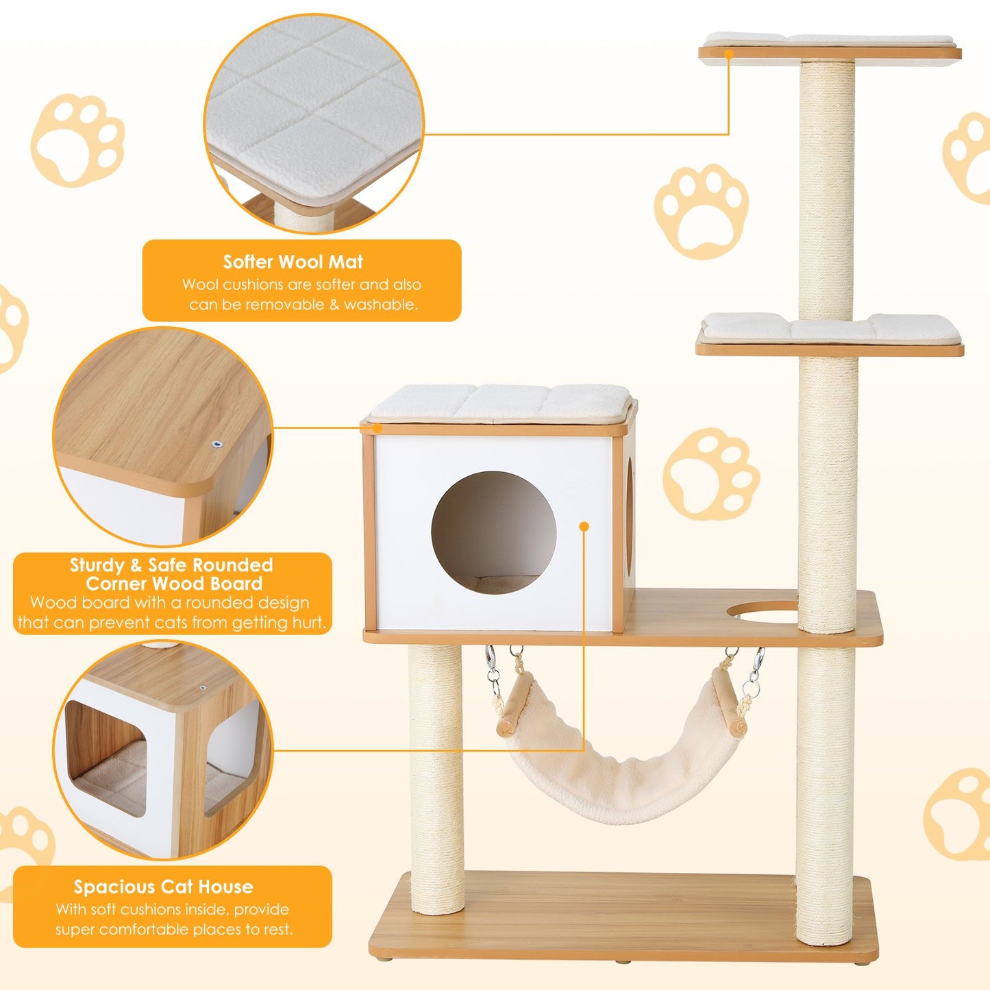 Arlopu 52" Wooden Cat Tree Tower, Cat Condo Climbing Tower with Hammock & Scratching Post