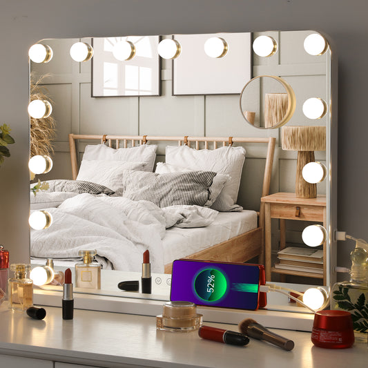 Arlopu Vanity Mirror with Light, Makeup Mirror with 15/20 Dimmable Bulbs, 3 Color Lights Touch Control, Tabletop or Wall-Mounted, 10X Magnification and USB Charging Port