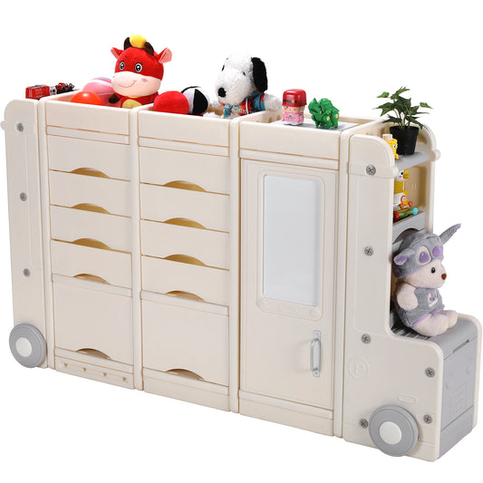 Arlopu Kids Toy Storage Organizer, Truck-Shape Toddler Storage Cabinet with 10 Plastic Bins for Playroom, Bedroom, Daycare