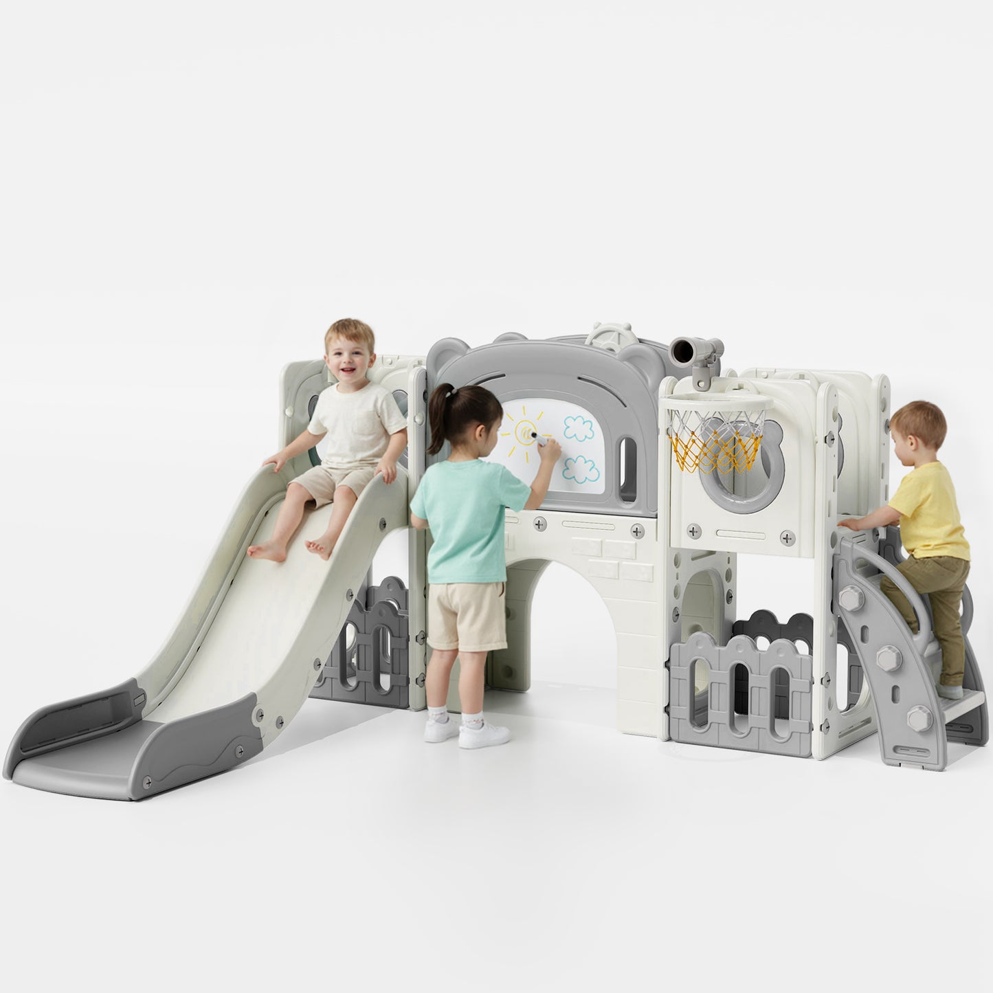 Arlopu 10-in-1 Kids Slide & Climber Set, Indoor Outdoor Slide Playset with Drawing Board, Climber, Basketball Hoop, Tunnel, Storage & Telescope