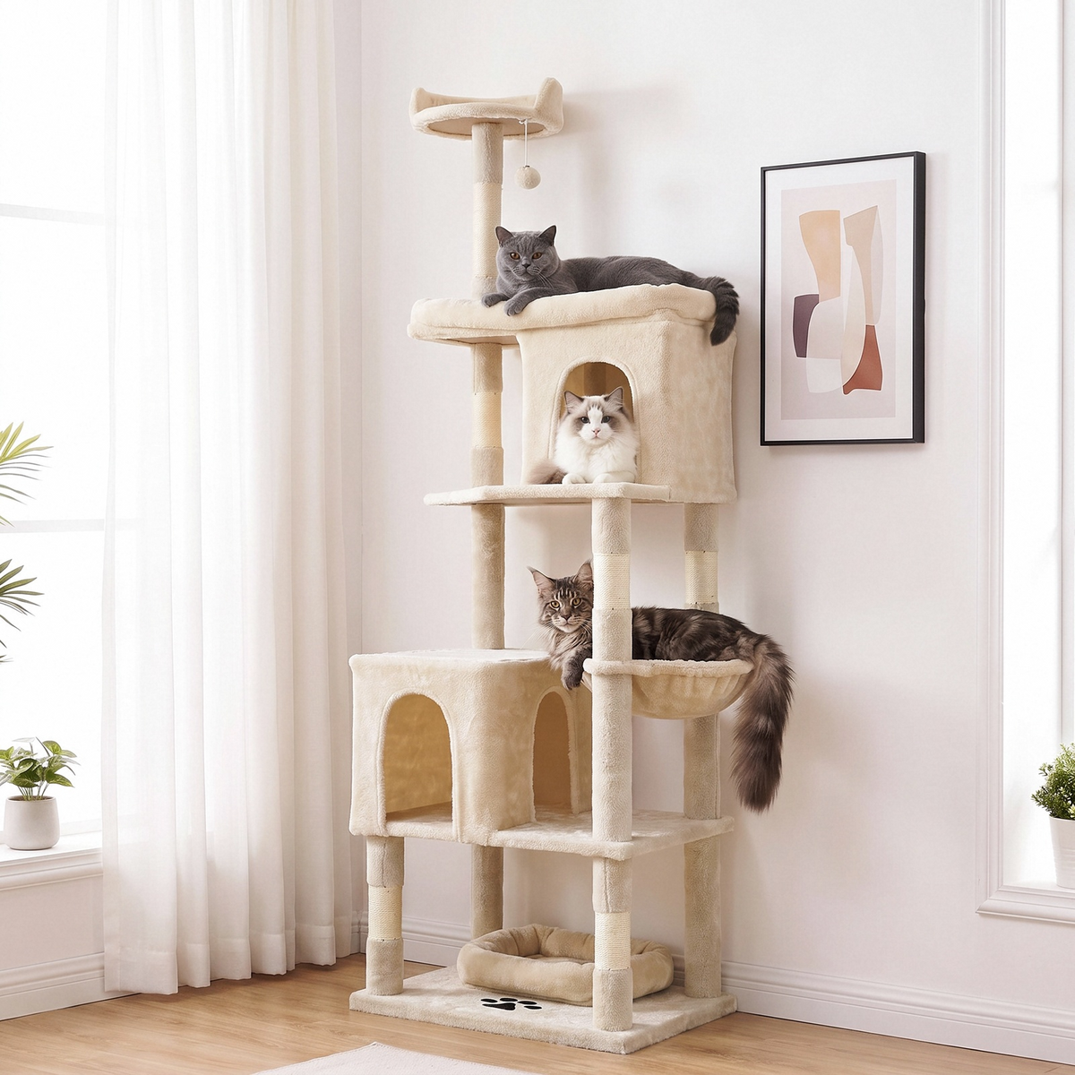 Arlopu Cat Tree for Large Cats 57.5" Cat Tower Condo with Scratching Post for Indoor Cats, Light Gray