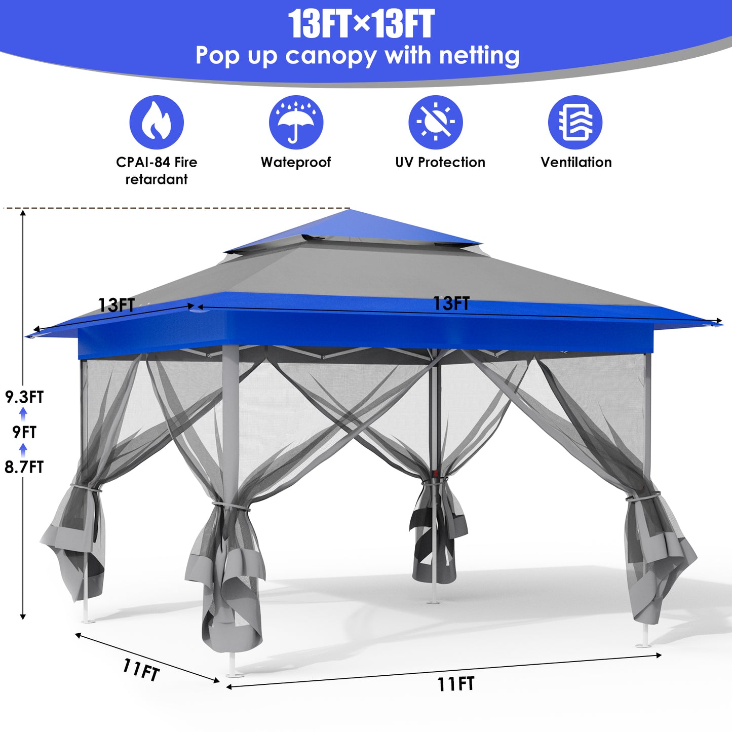 Arlopu 13' x 13' Pop up Gazebo Tent Outdoor Instant Canopy Tent Easy Set-up Folding Shelter with Netting