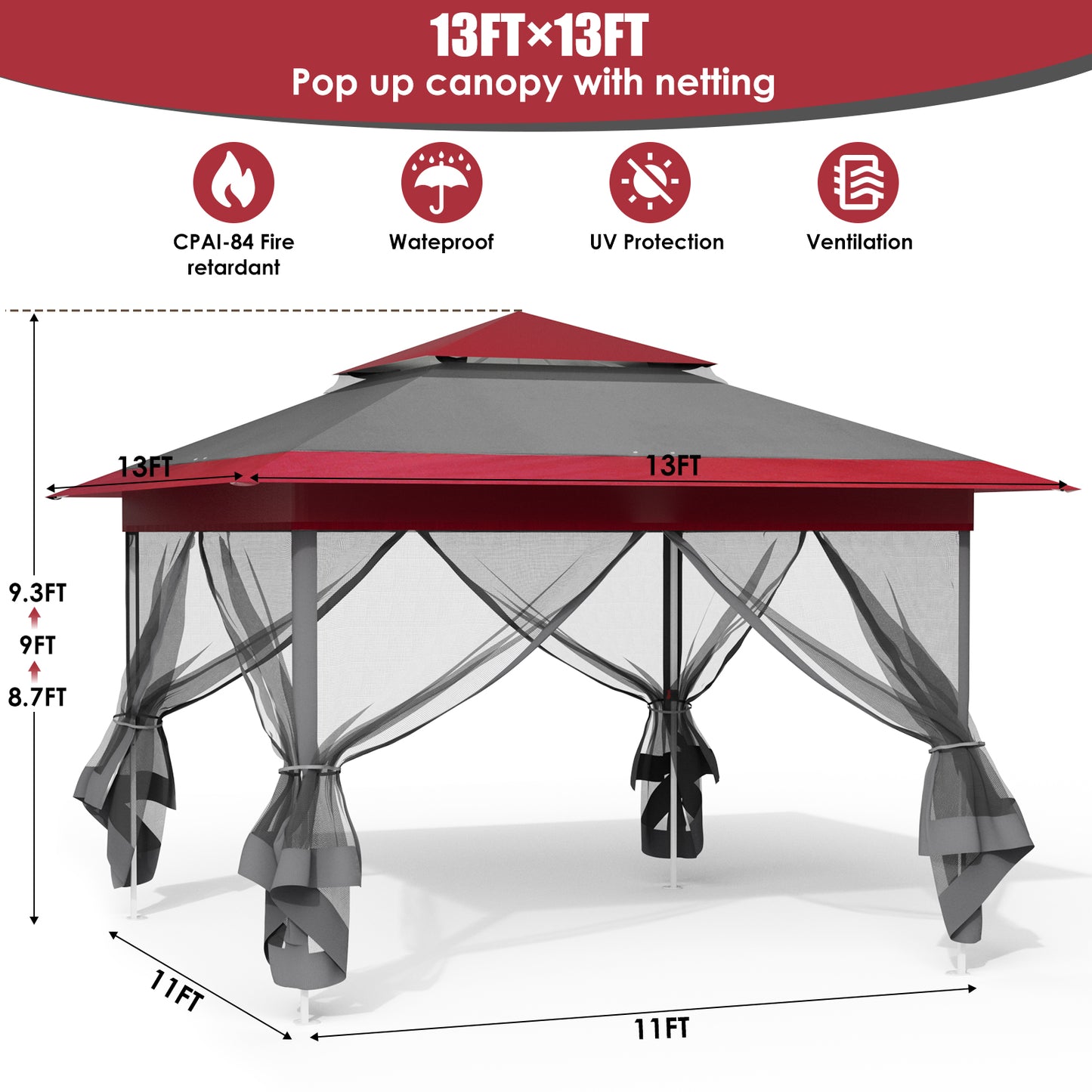 Arlopu 11'x11' Pop Up Gazebo, Outdoor Instant Canopy Tent with 4 Netting Sidewall & Auto Extending Eave, Patio Gazebos Shelter w/Mesh Wall, Center Lock, Wheeled Bag for Garden, Yard, Party, Deck