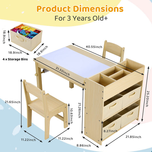 Arlopu Kids Art Table and Chair Set, Wooden Toddler Activity Table Drawing Craft Desk with Paper Roll, 4 Storage Bins & Storage Shelves
