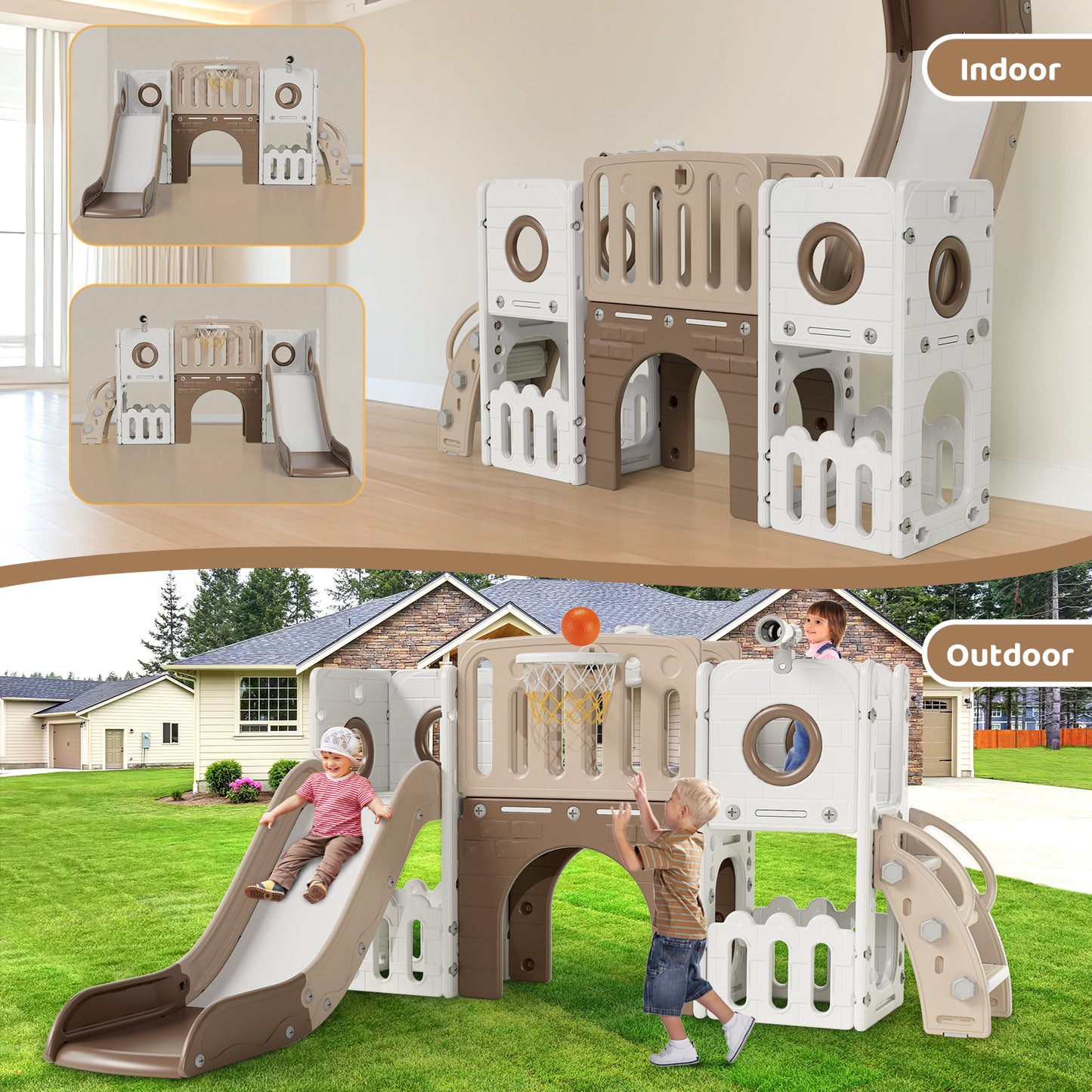 Arlopu 9-in-1 Kids Slide Set, Toddler Climber Slide Playset with Slide, Climber Pedals, Telescope, Basketball Hoop and Balls, Indoor Outdoor Freestanding Slides