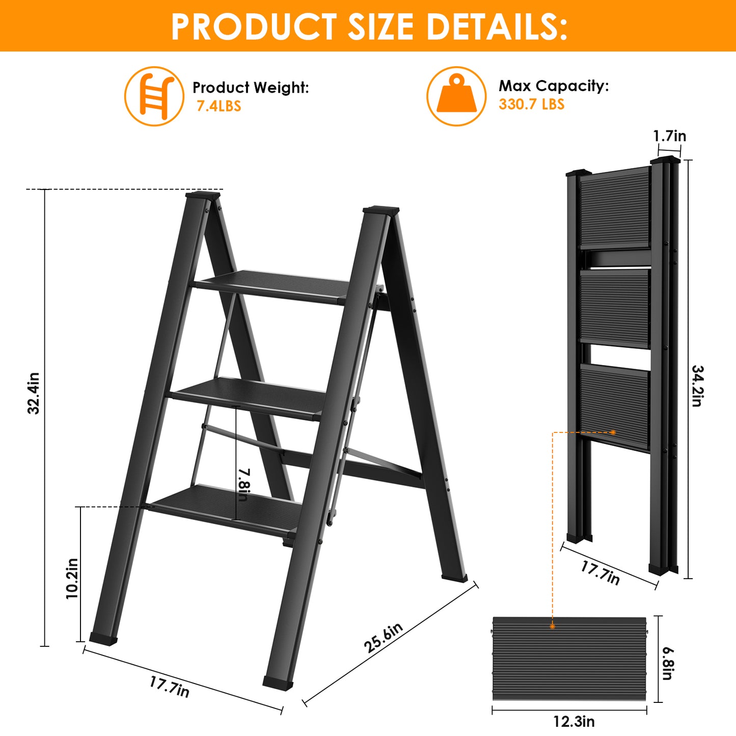 Arlopu 3 Step Ladder, Folding Step Stool with Wide Anti-Slip Pedals, Aluminum Portable Lightweight Ladder for Home, Kitchen, Office, Sturdy Temporary Storage Shelf Rack, Max Capacity 330lbs, Black