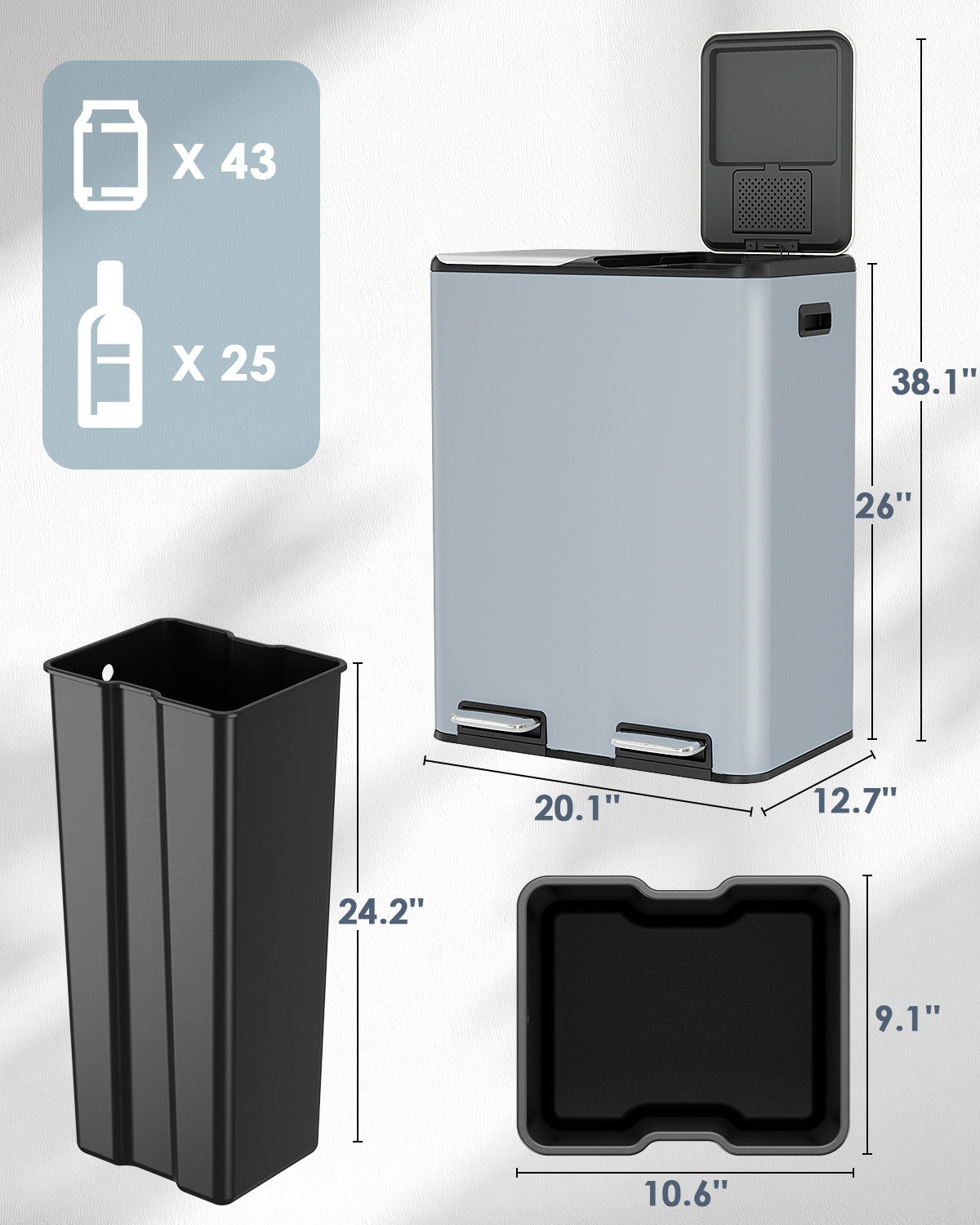 Arlopu 16 Gal Dual Trash Can Kitchen Garbage Bin Recycle Waste Dustbin w/ 2 Buckets & Soft-Close Lid