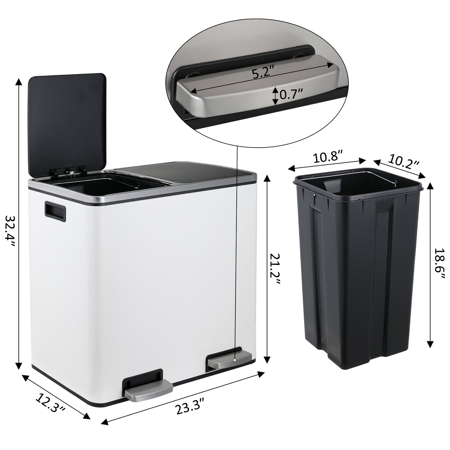 Arlopu 12 Gallon Dual Trash Can Step-on Garbage Can for Kitchen, Living Room, White