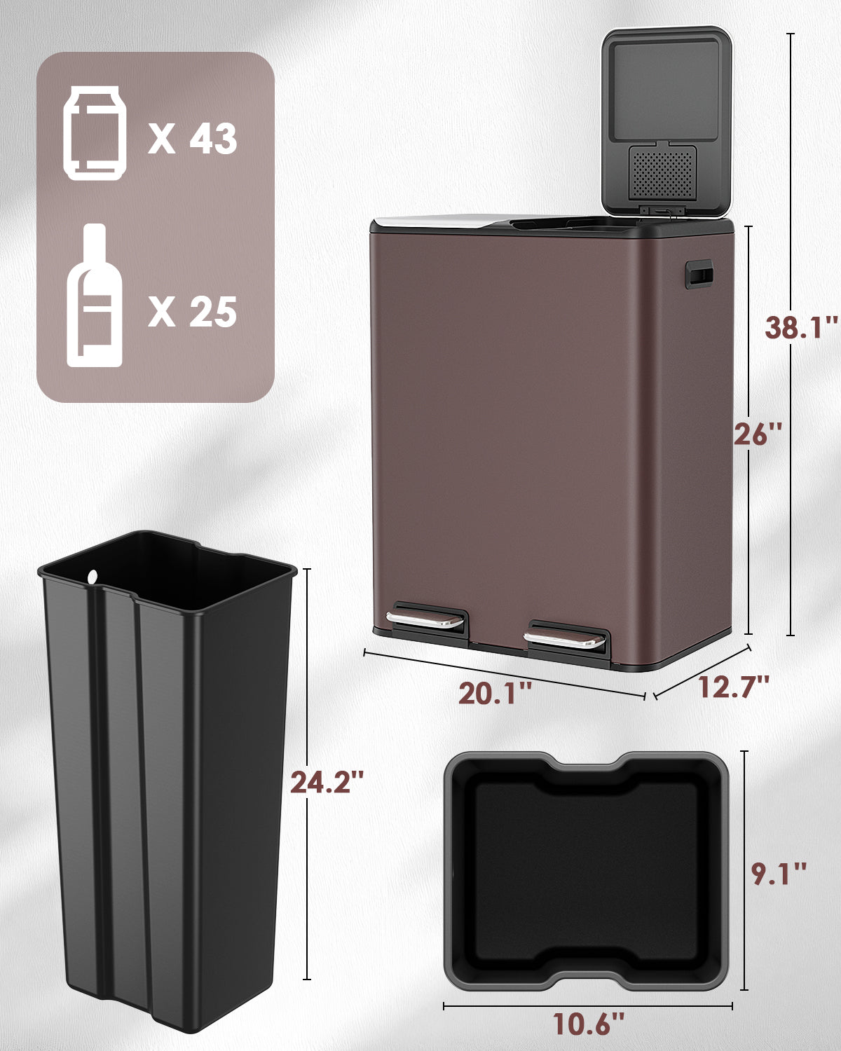 Arlopu 16 Gal Dual Trash Can Kitchen Garbage Bin Recycle Waste Dustbin w/ 2 Buckets & Soft-Close Lid