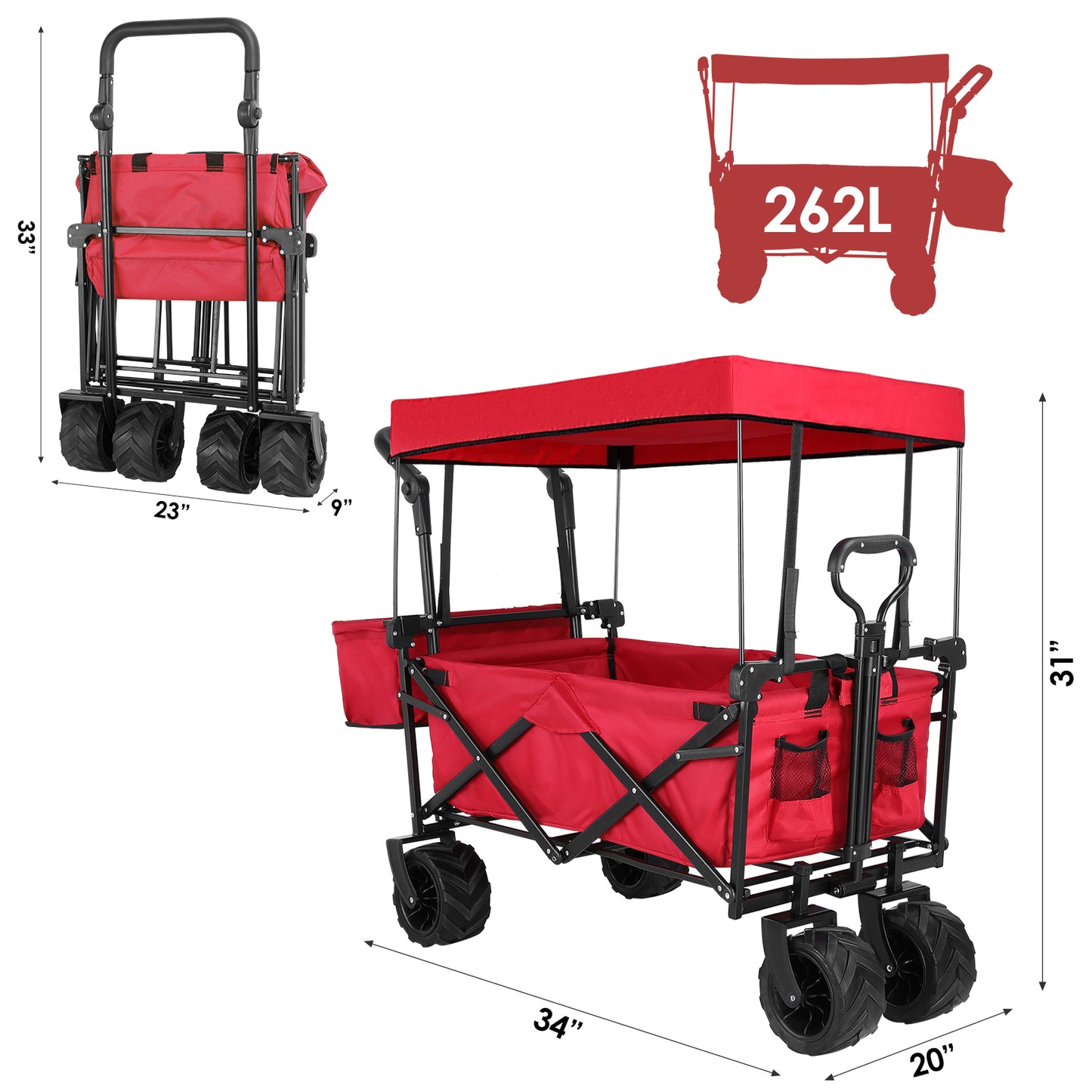 Arlopu Collapsible Wagon Folding Garden Cart W/ Canopy and Adjustable Handles