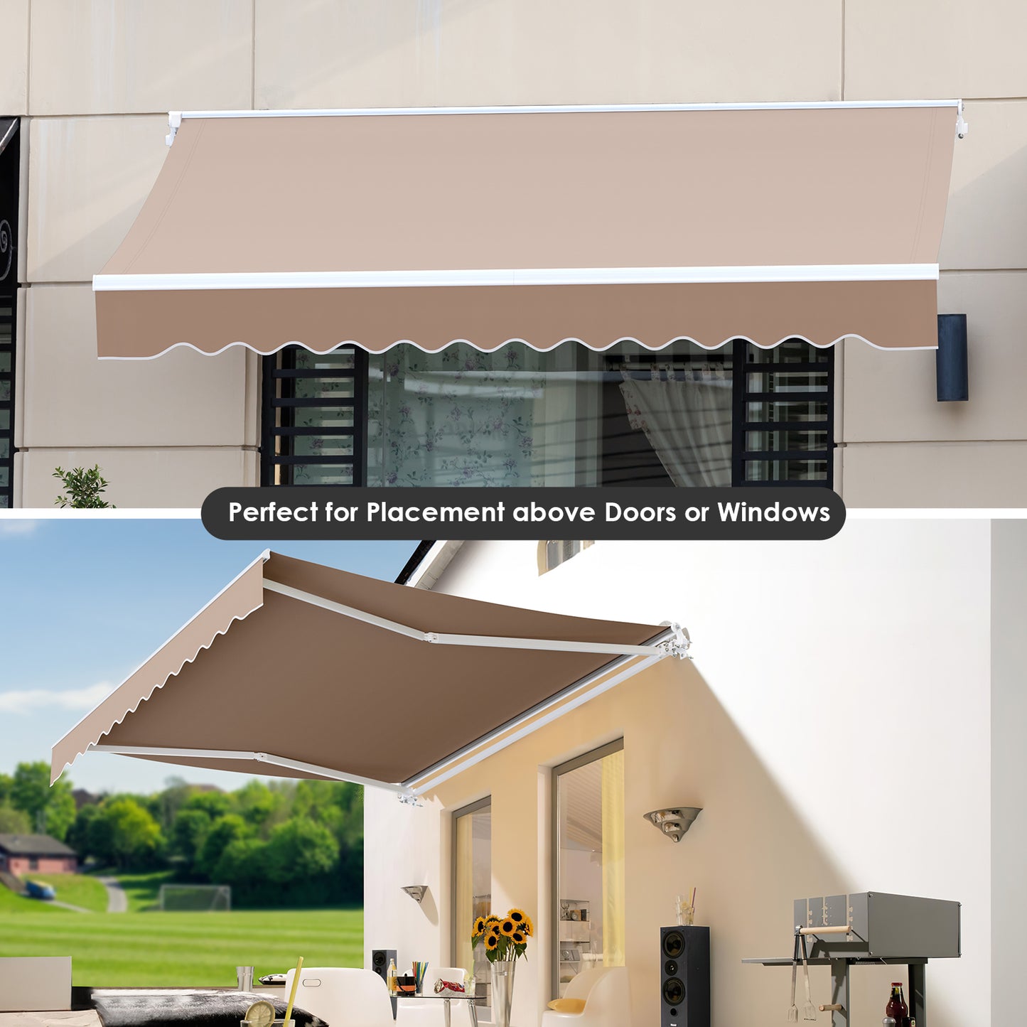Arlopu 12'x10' Patio Awning Manual Retractable Door Canopy Patio Sun Shade Shelter