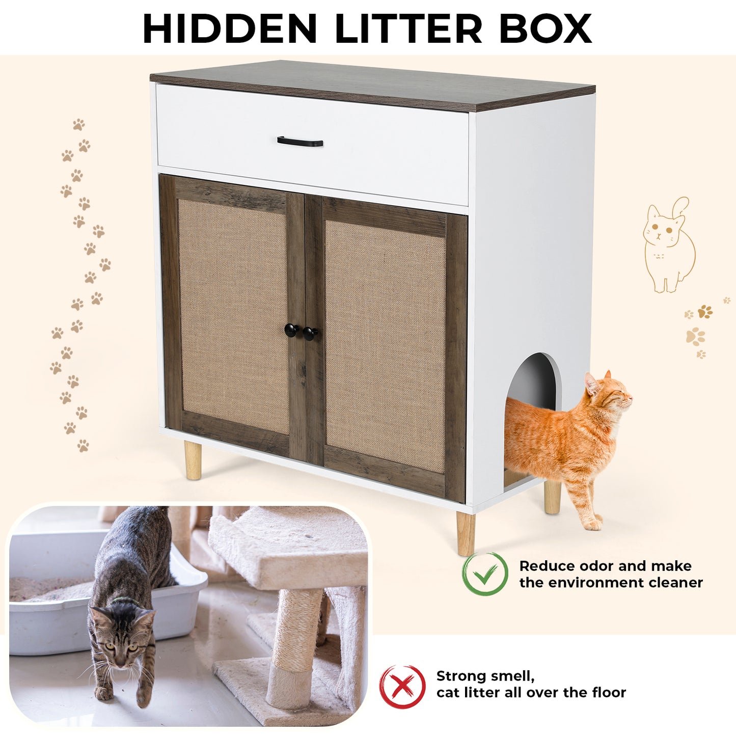 Arlopu Cat Litter Box Enclosure, Wooden Hidden Litter Box Furniture w/Large Drawer, Indoor Cat Washroom Storage Bench w/2 Sisal Doors, Modern Cat Litter Cabinet