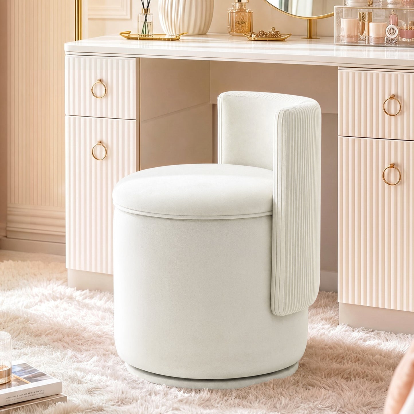 Arlopu 360° Swivel Vanity Chair, Velvet Swivel Makeup Chair with Storage, Modern Round Upholstered Bedroom Chair, Comfy Makeup Chair for Dressing, Living Room
