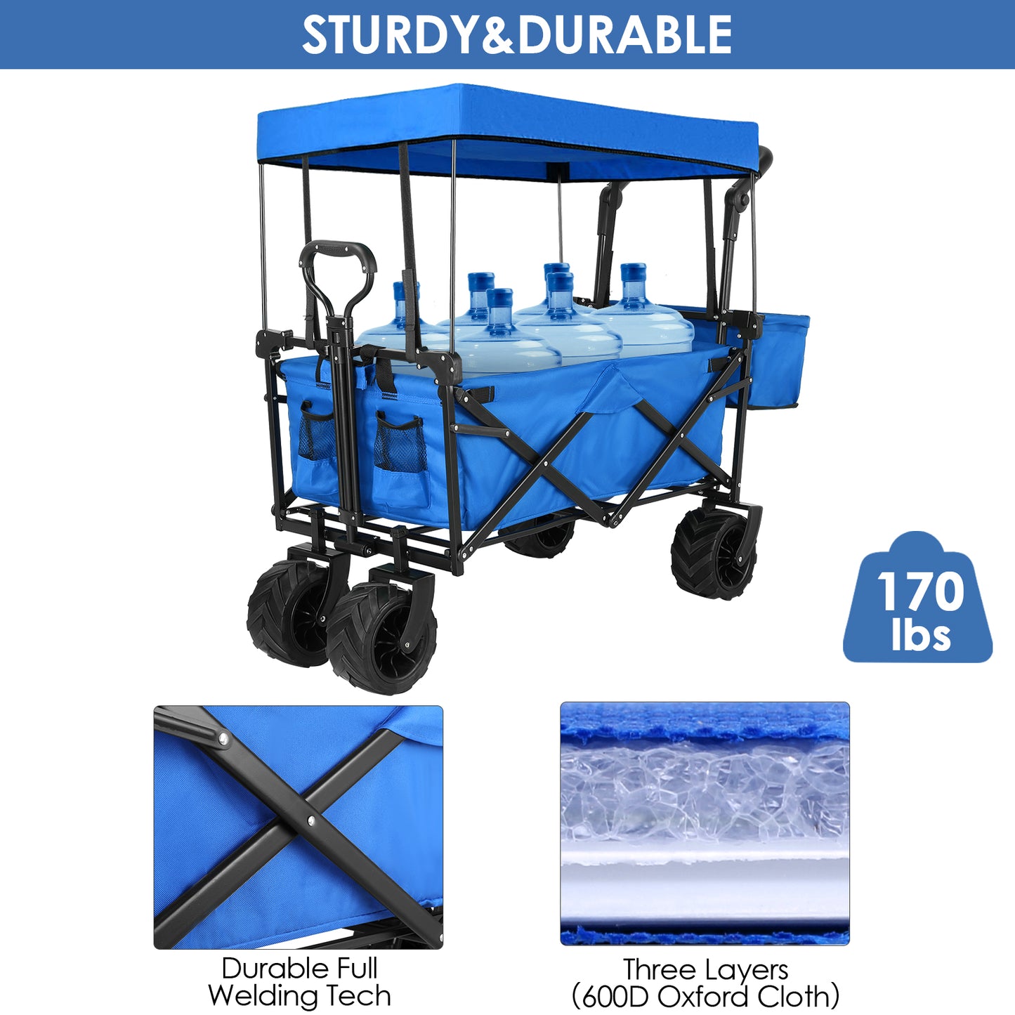 Arlopu Foldable Utility Wagon Cart Beach Utilit Cart with 7" Wide All-Terrain Wheel