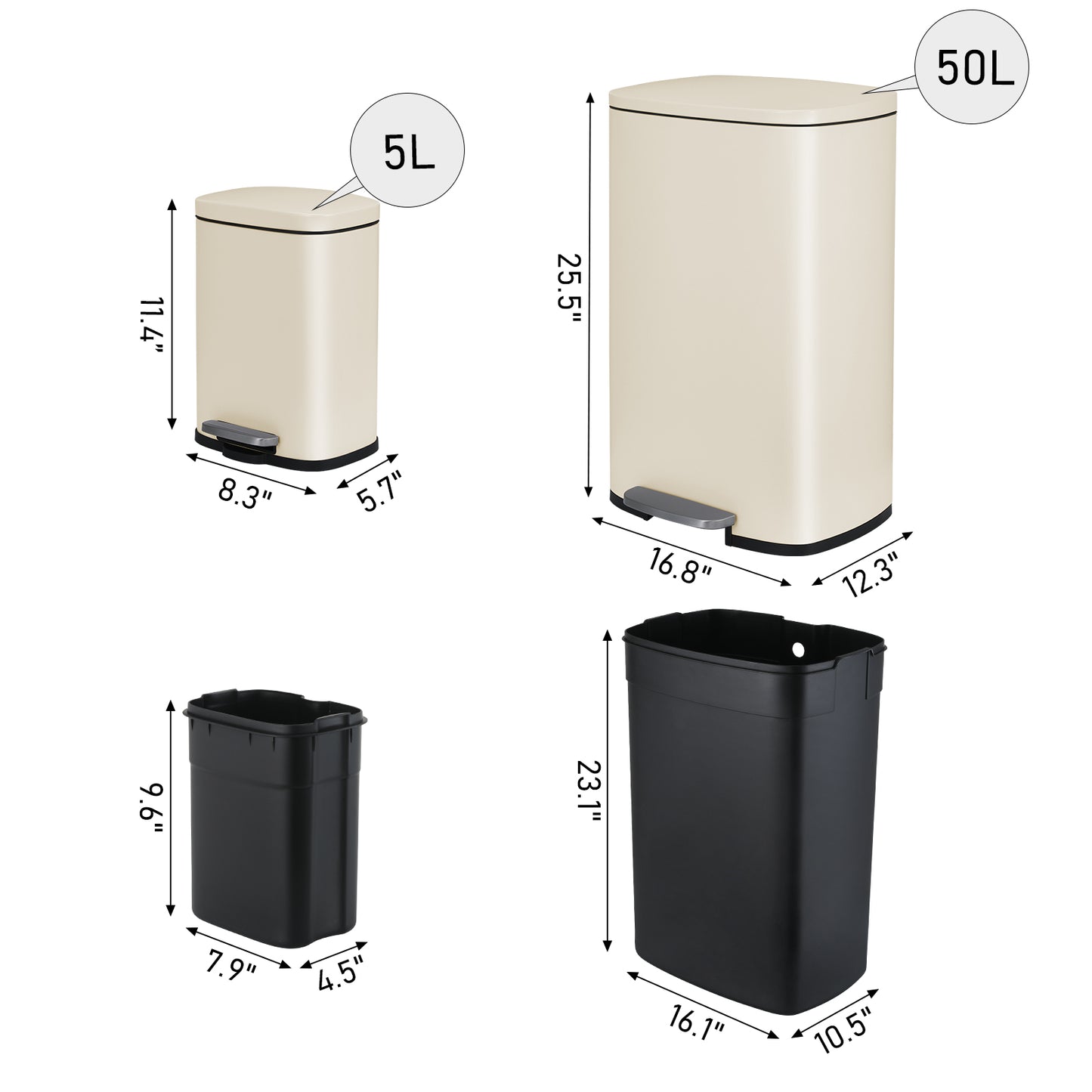 Arlopu Step Trash Can Combo Set, 13.2 Gallon & 1.3 Gallon, Stainless Steel Garbage Bin Set
