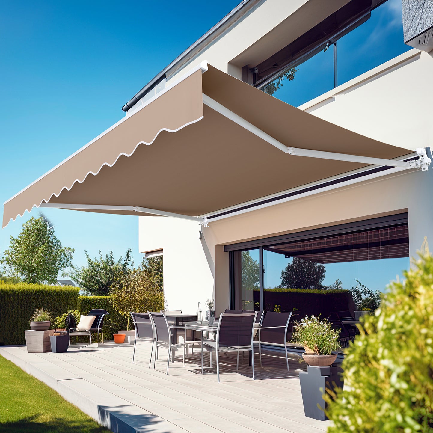 Arlopu 10' x 8.2' Manual Retractable Patio Awning Outdoor Deck Door Canopy Patio Sun Shade Shelter