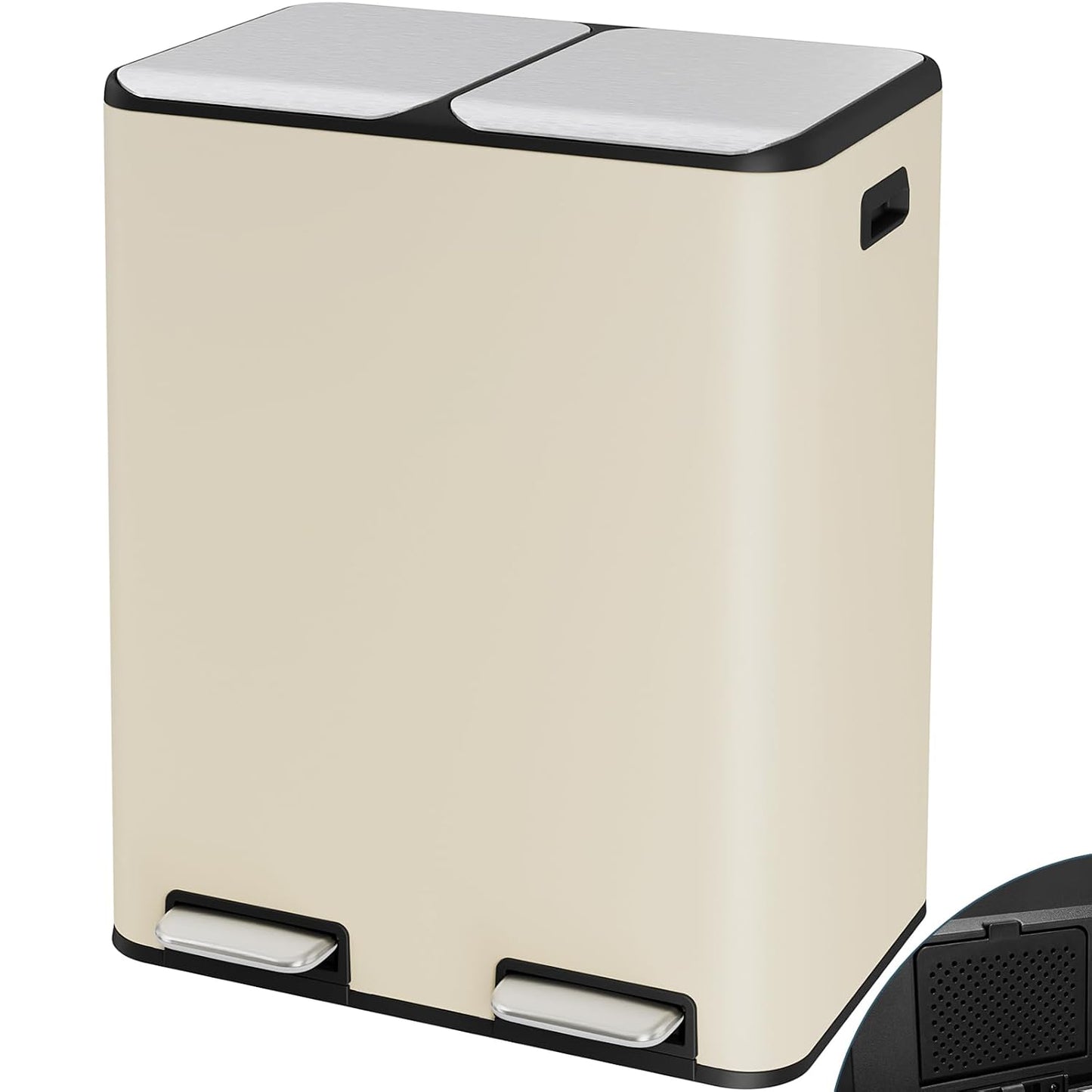 Arlopu 16 Gal Dual Kitchen Trash Can Rectangular Recycling Bin Stainless Steel, Soft Close Lid, 2 Built-in Box for Odor Control