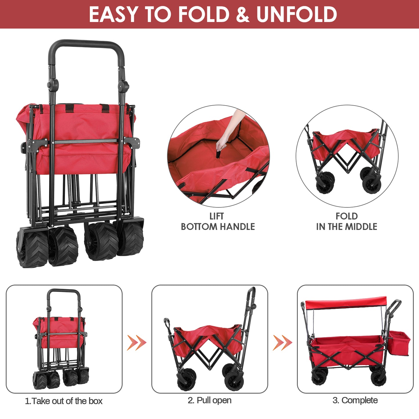 Arlopu Collapsible Wagon Folding Garden Cart W/ Canopy and Adjustable Handles