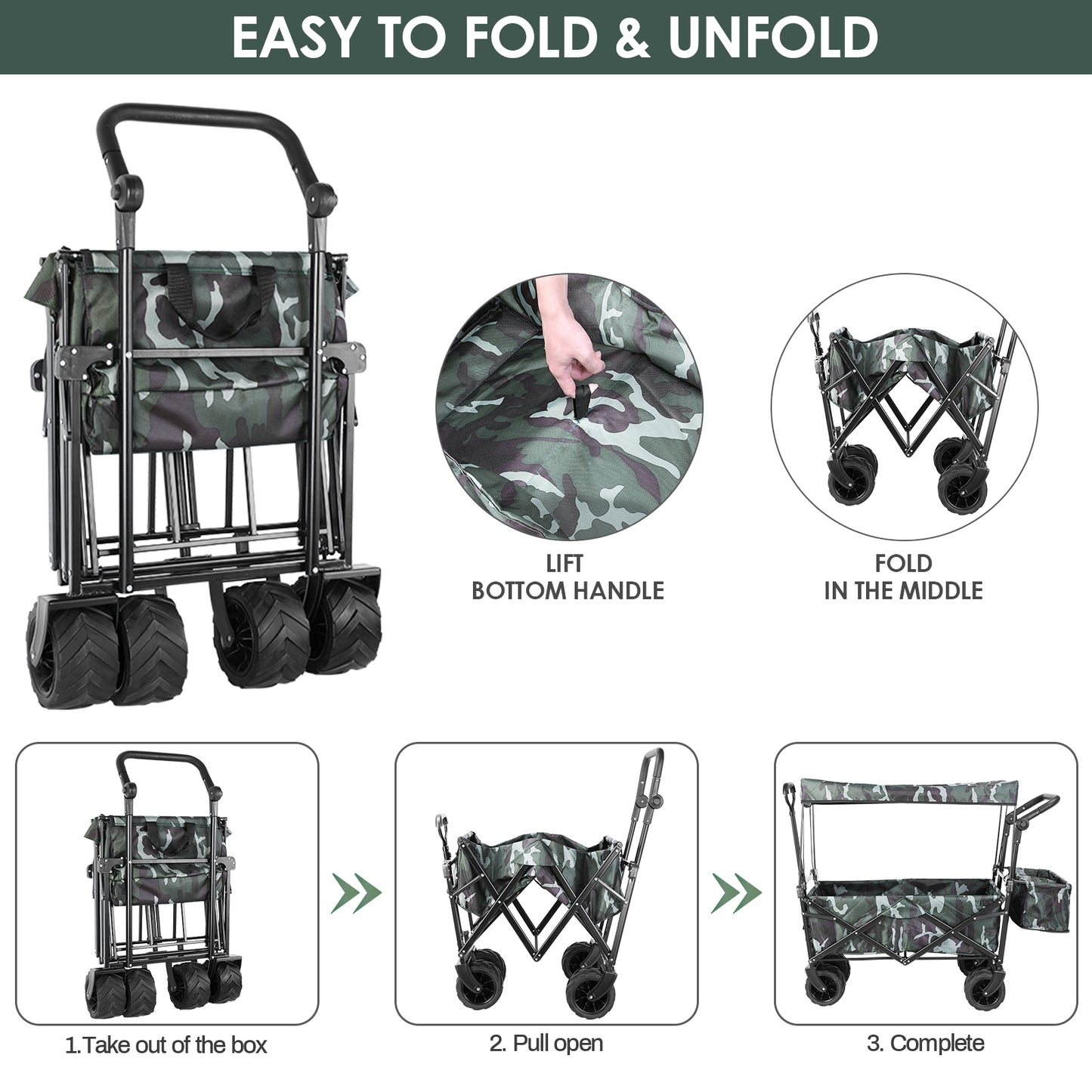 Arlopu Collapsible Wagon Folding Garden Cart w/ Removable Canopy and Pockets